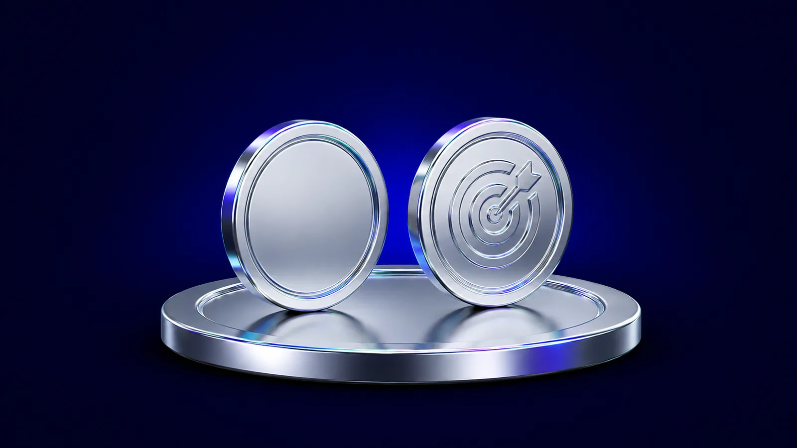 Two upright polished chrome 3D medallions on a Jolly coin pedestal, one blank and one struck with a target and arrow, representing a generic points app versus points tied to a measurable outcome.