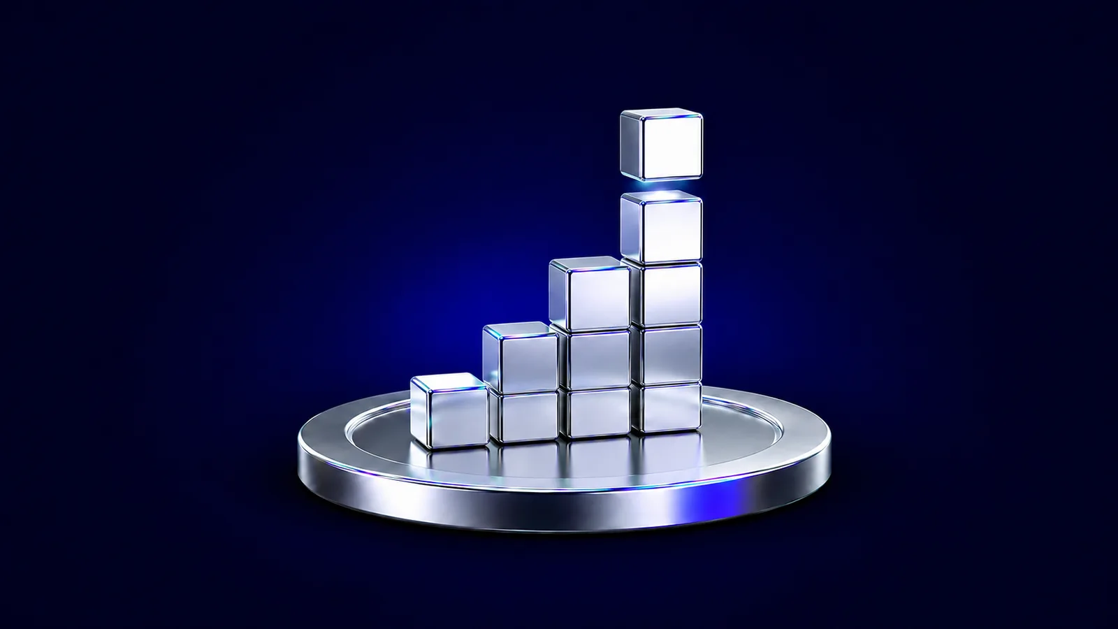Polished chrome 3D cube blocks assembling into an ascending staircase on a Jolly coin pedestal, representing building an incentive program step by step.