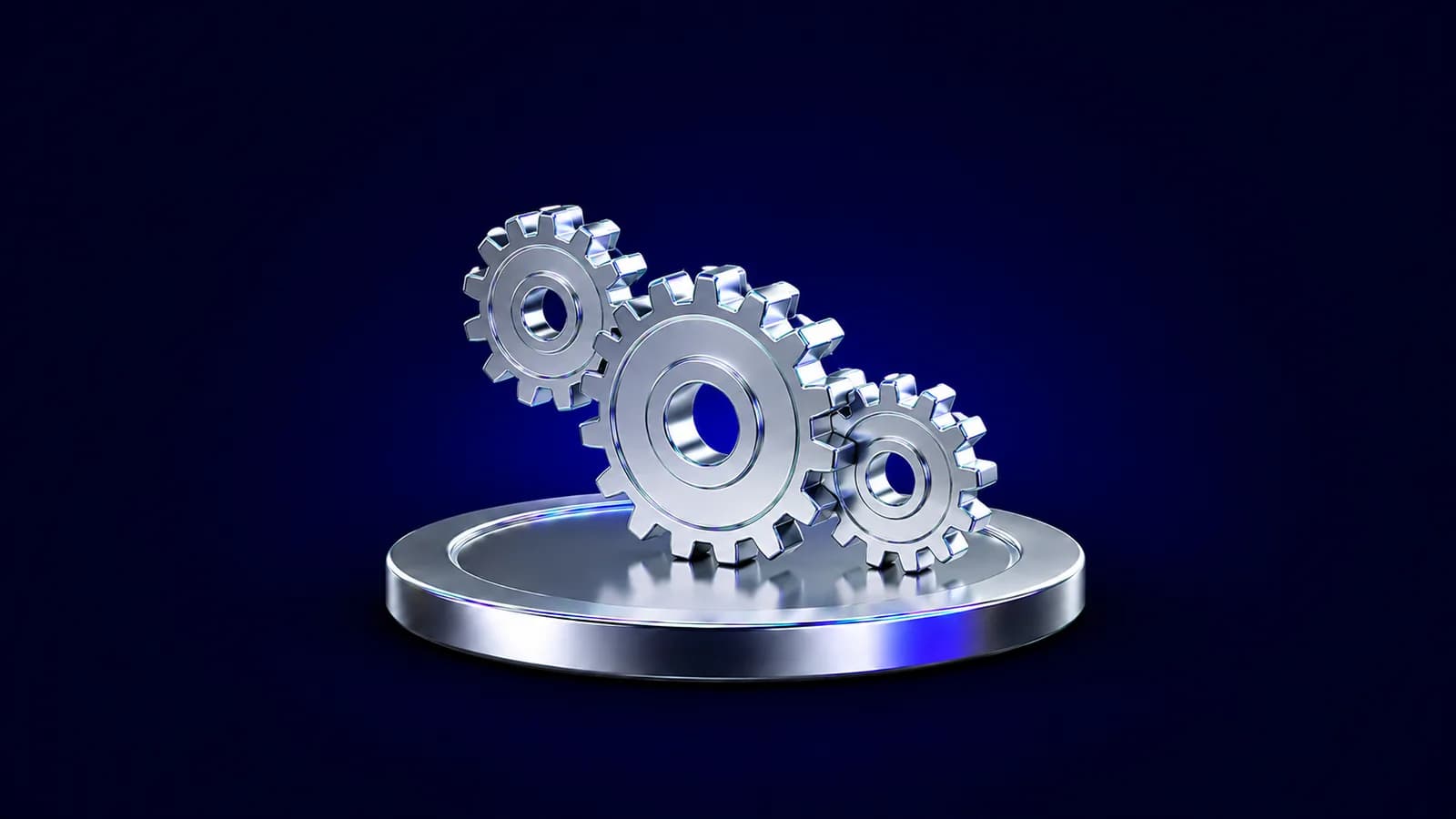 Polished chrome 3D icon of three interlocking gears on a Jolly coin pedestal, representing incentives run as an engineered discipline.