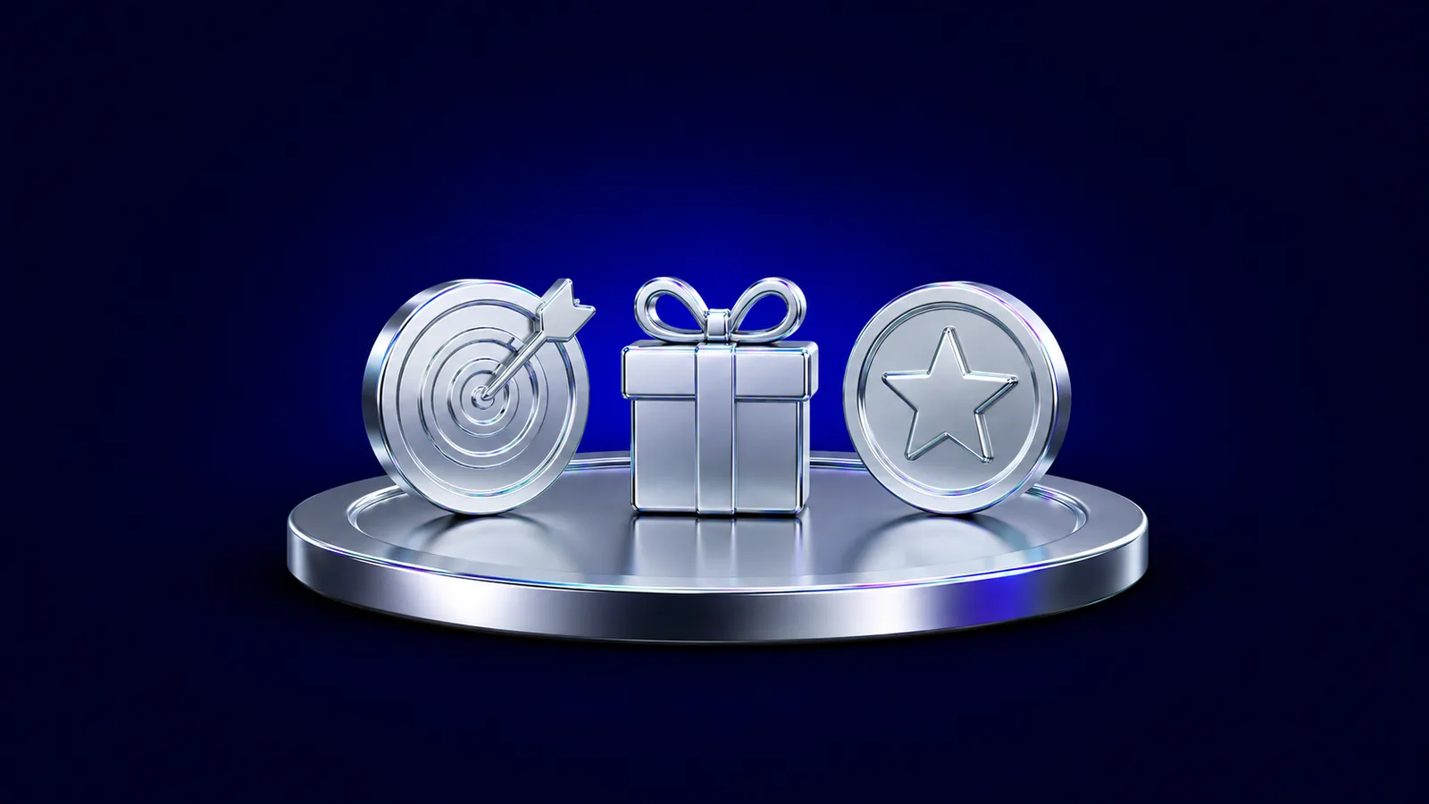 Polished chrome 3D icons on a Jolly coin pedestal, a target with an arrow, a gift box, and a star in a row, representing incentives, rewards, and recognition.