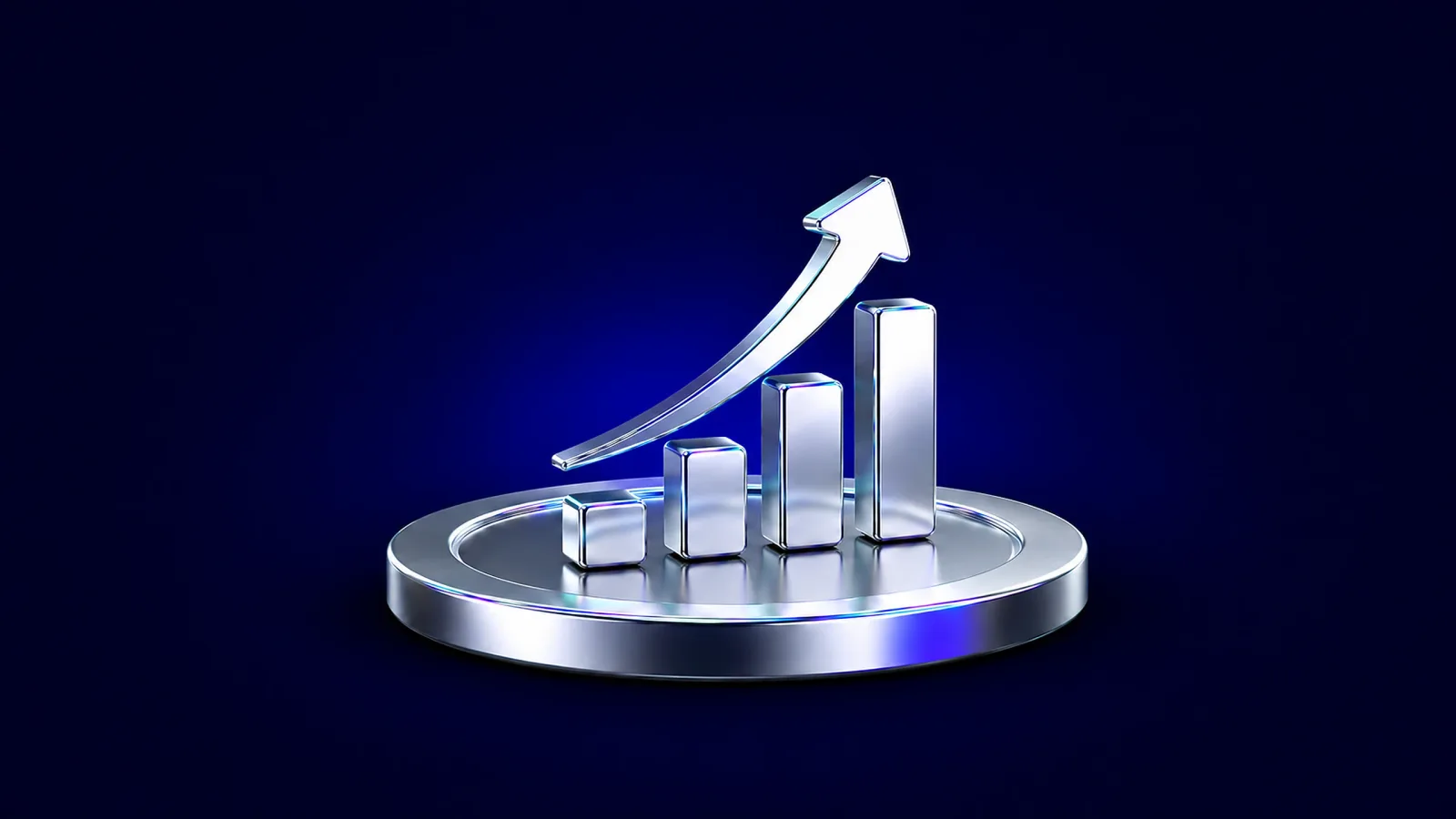Polished chrome 3D icon of a bar chart and an upward arrow rising from a coin, representing return on point spend.