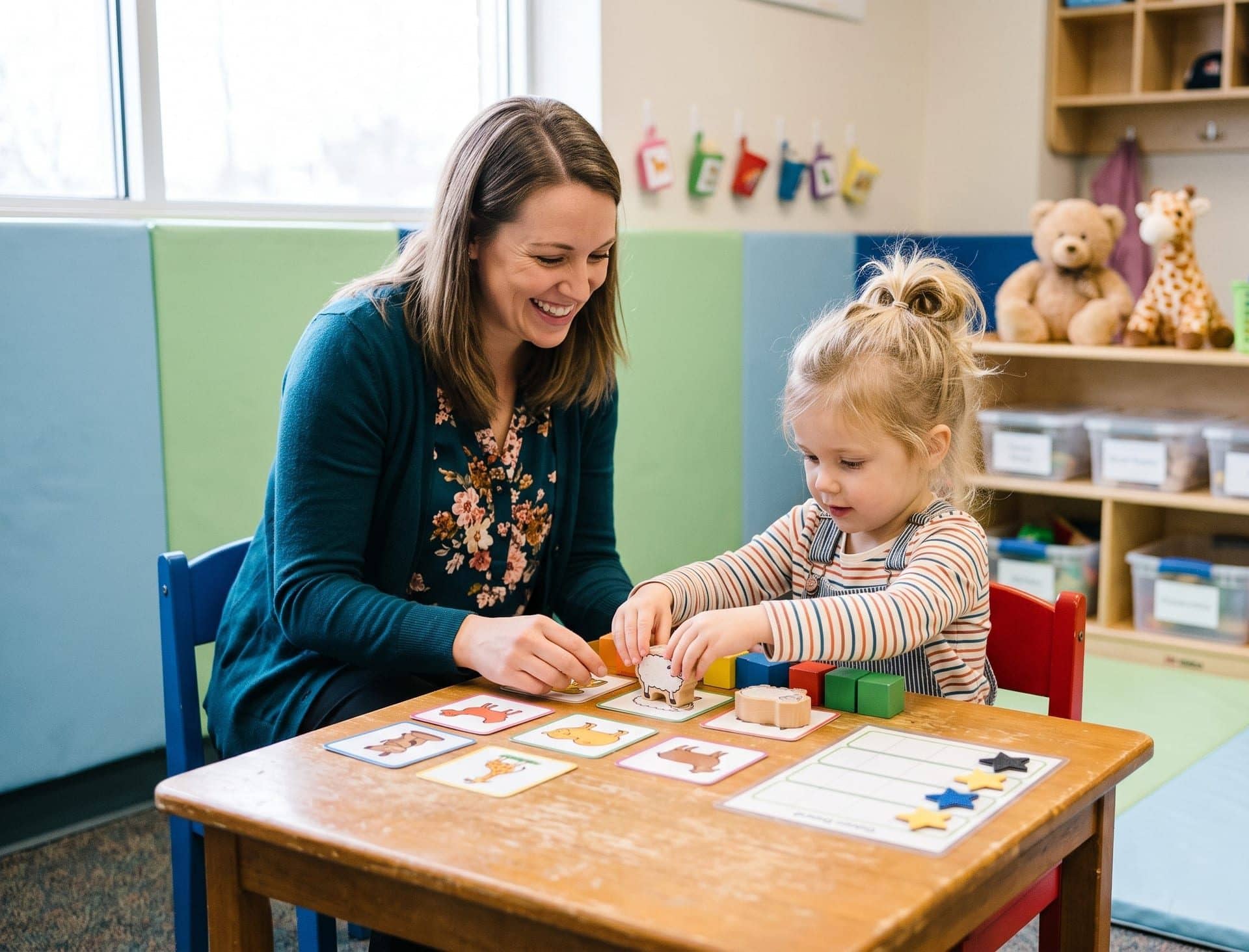 An ABA clinician working with a child during a therapy session