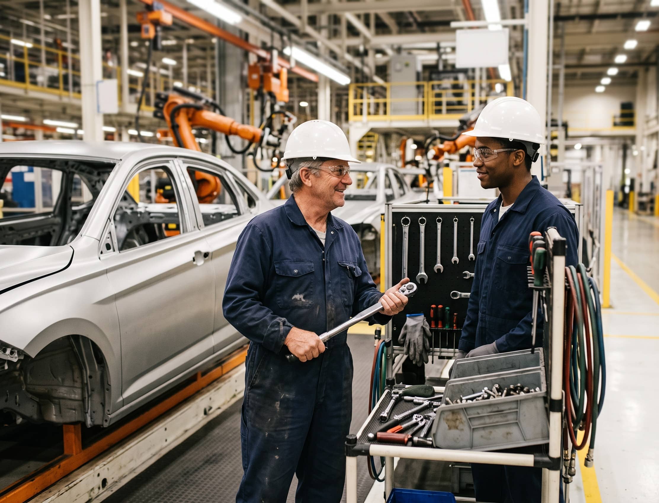 An assembly line operator holding a torque wrench beside an unfinished car body