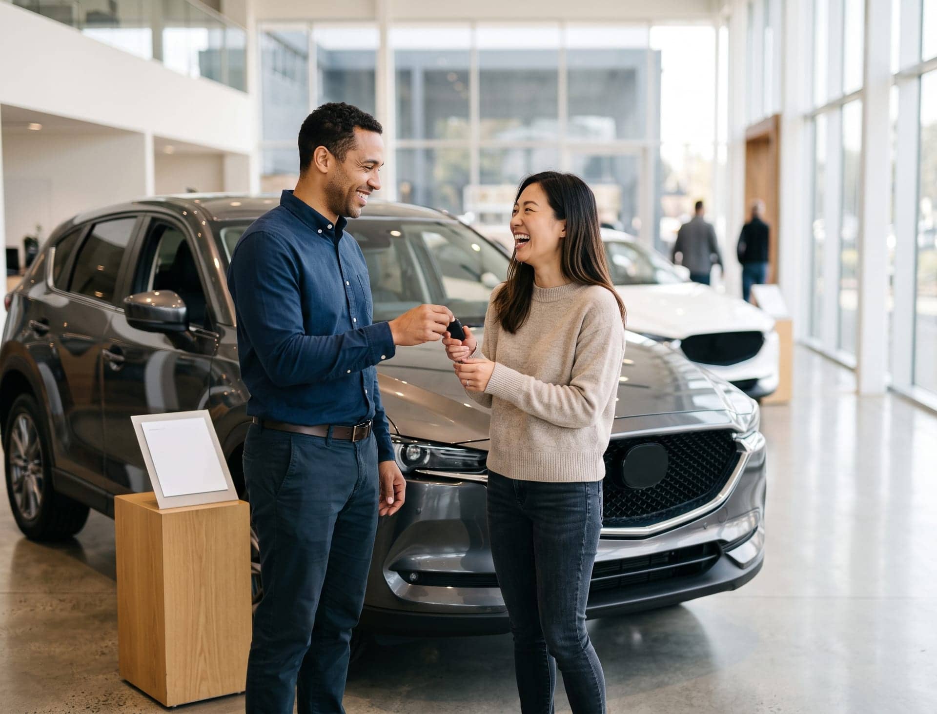 A salesperson handing keys to a delighted customer on a showroom floor
