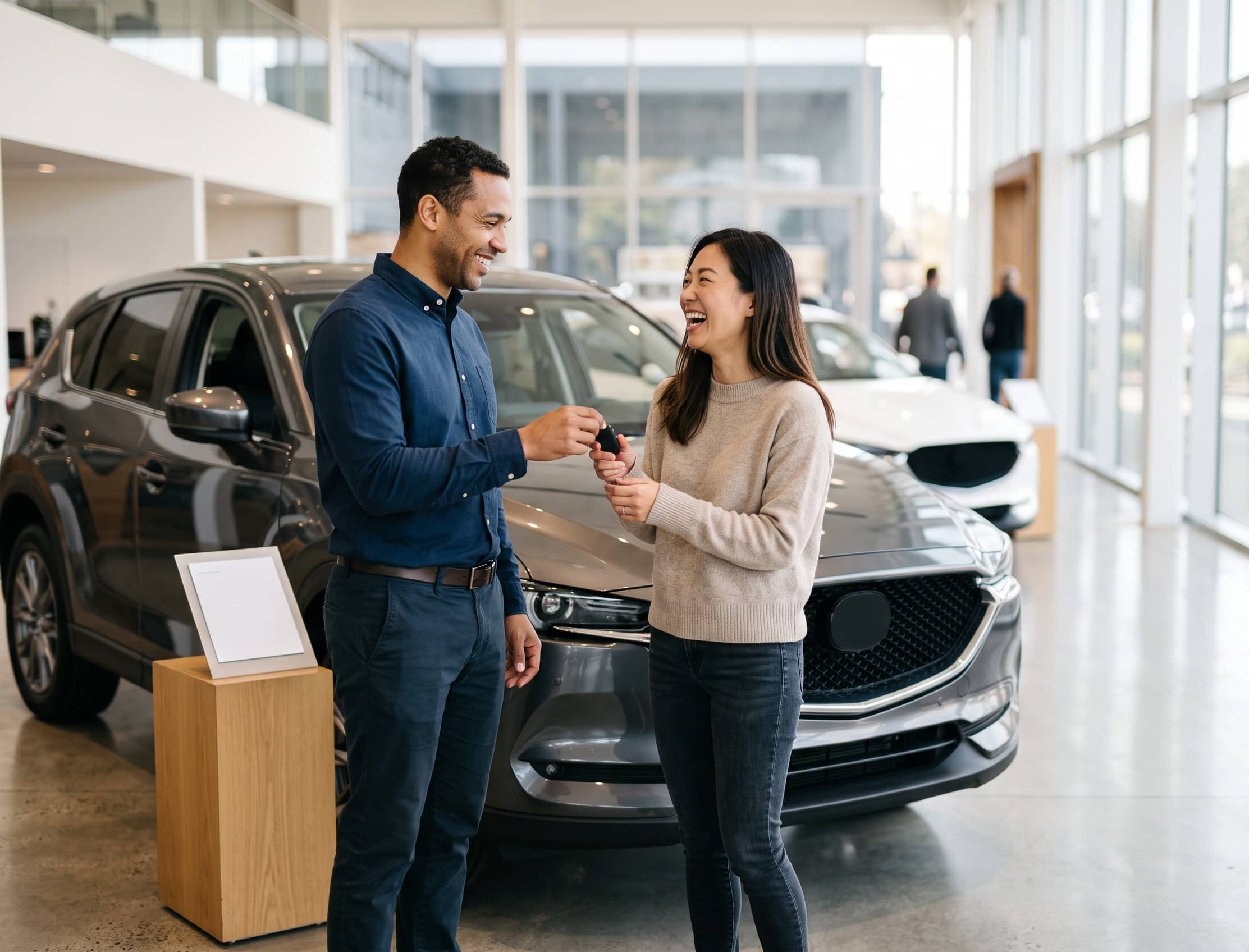 A salesperson handing keys to a delighted customer on a showroom floor