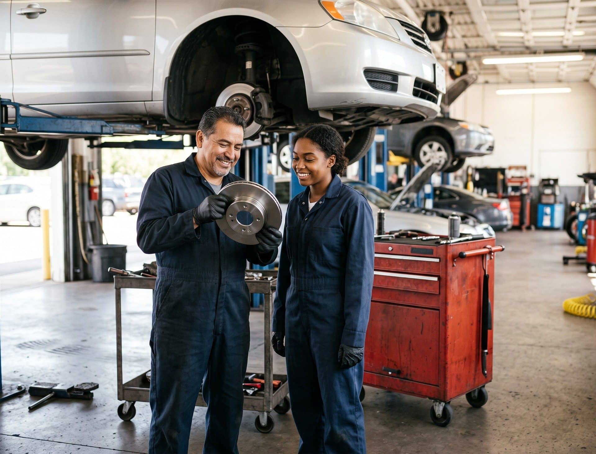 A technician inspecting a finished part in a service bay