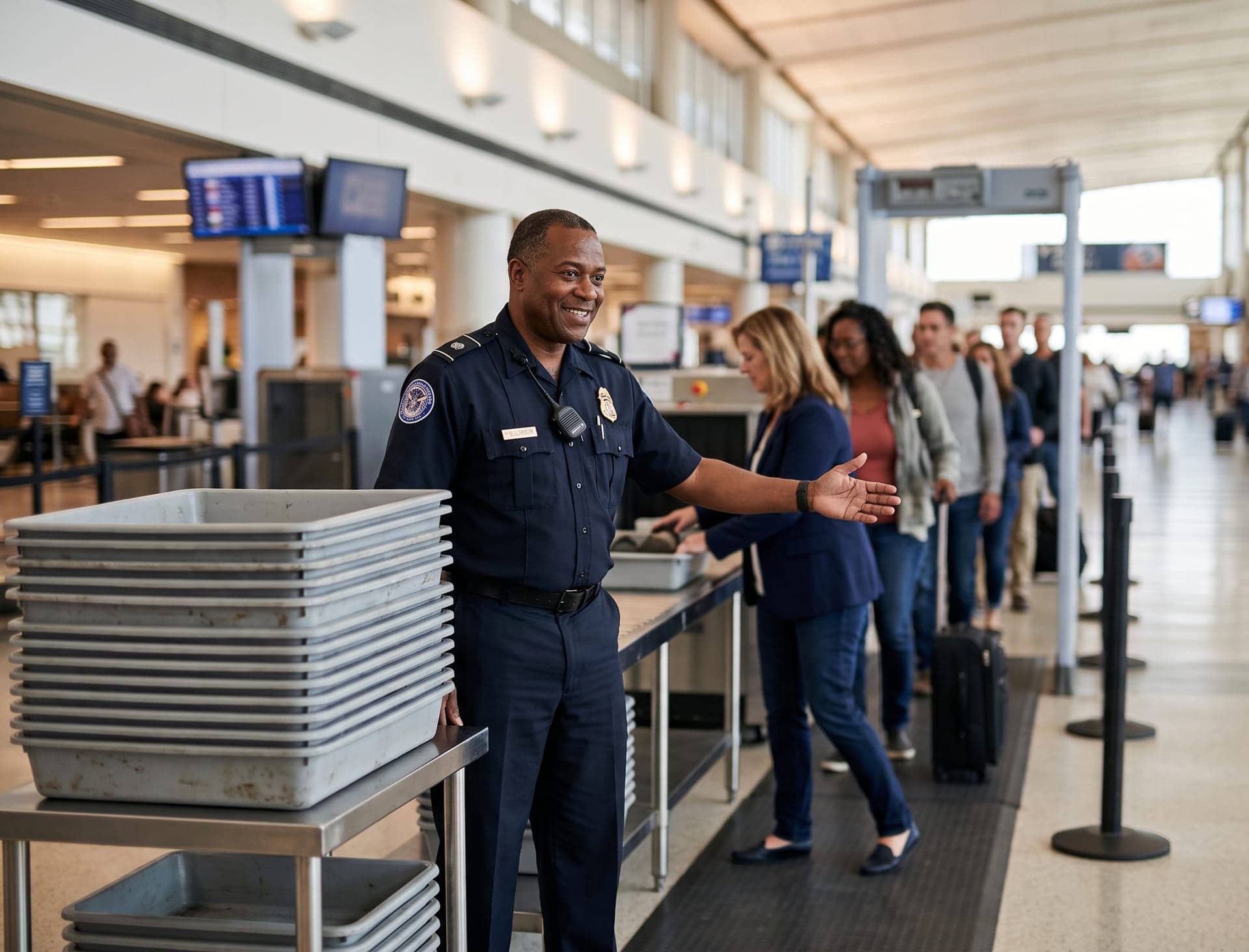 Uniformed officers staffing a screening checkpoint lane in an airport terminal