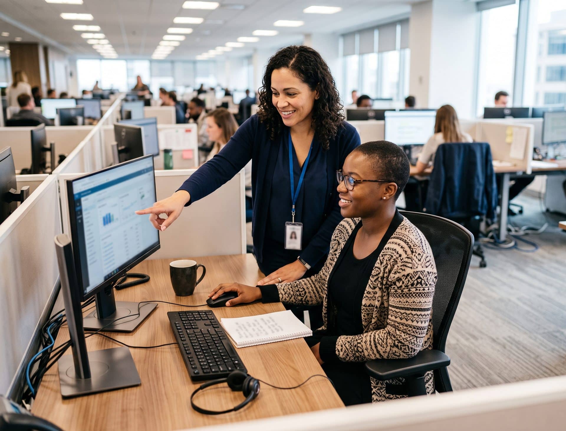 A team lead and a colleague reviewing performance together at a workstation