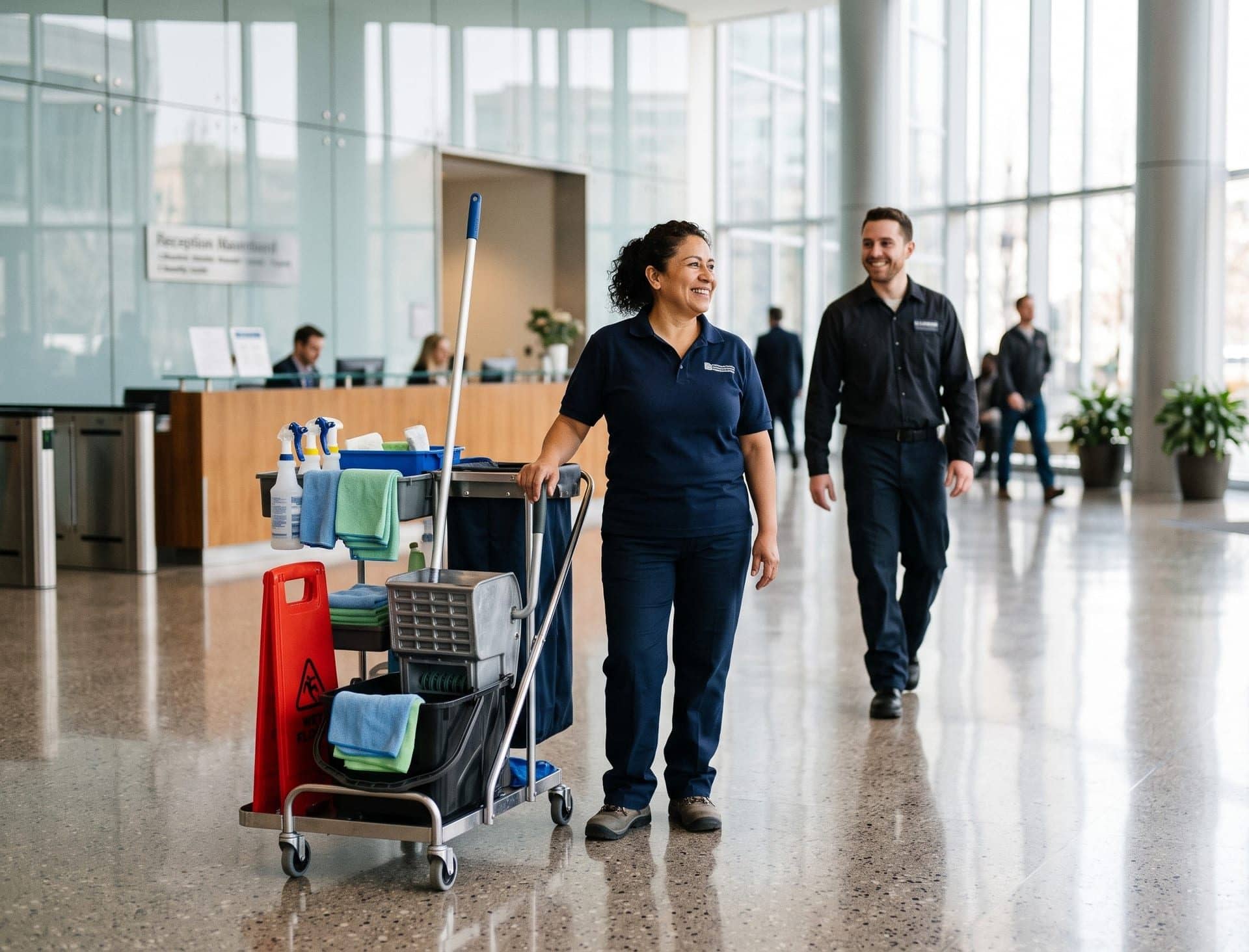 A custodial worker with a cleaning cart in a bright modern office-building lobby