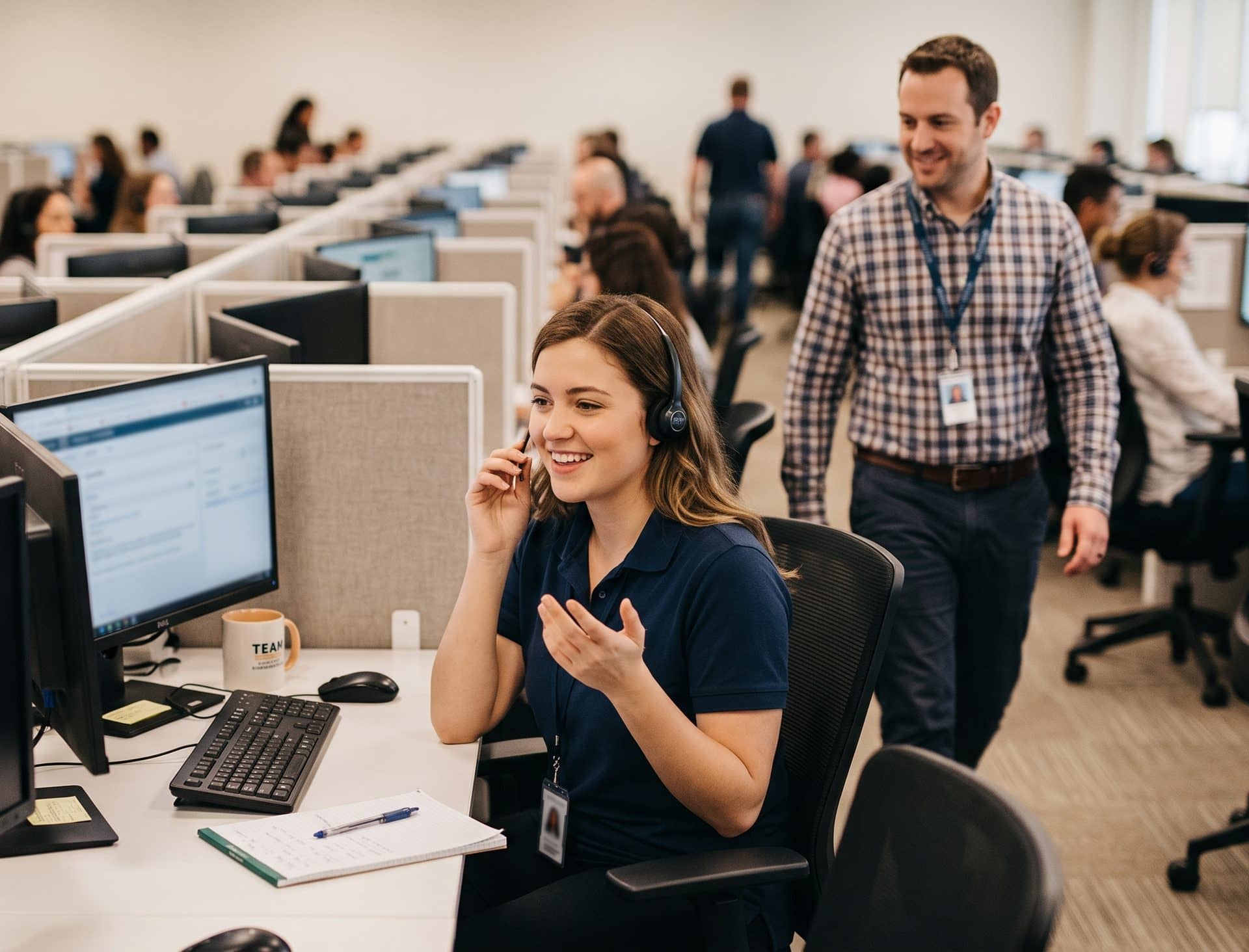 A contact center agent mid-call as a supervisor passes behind her