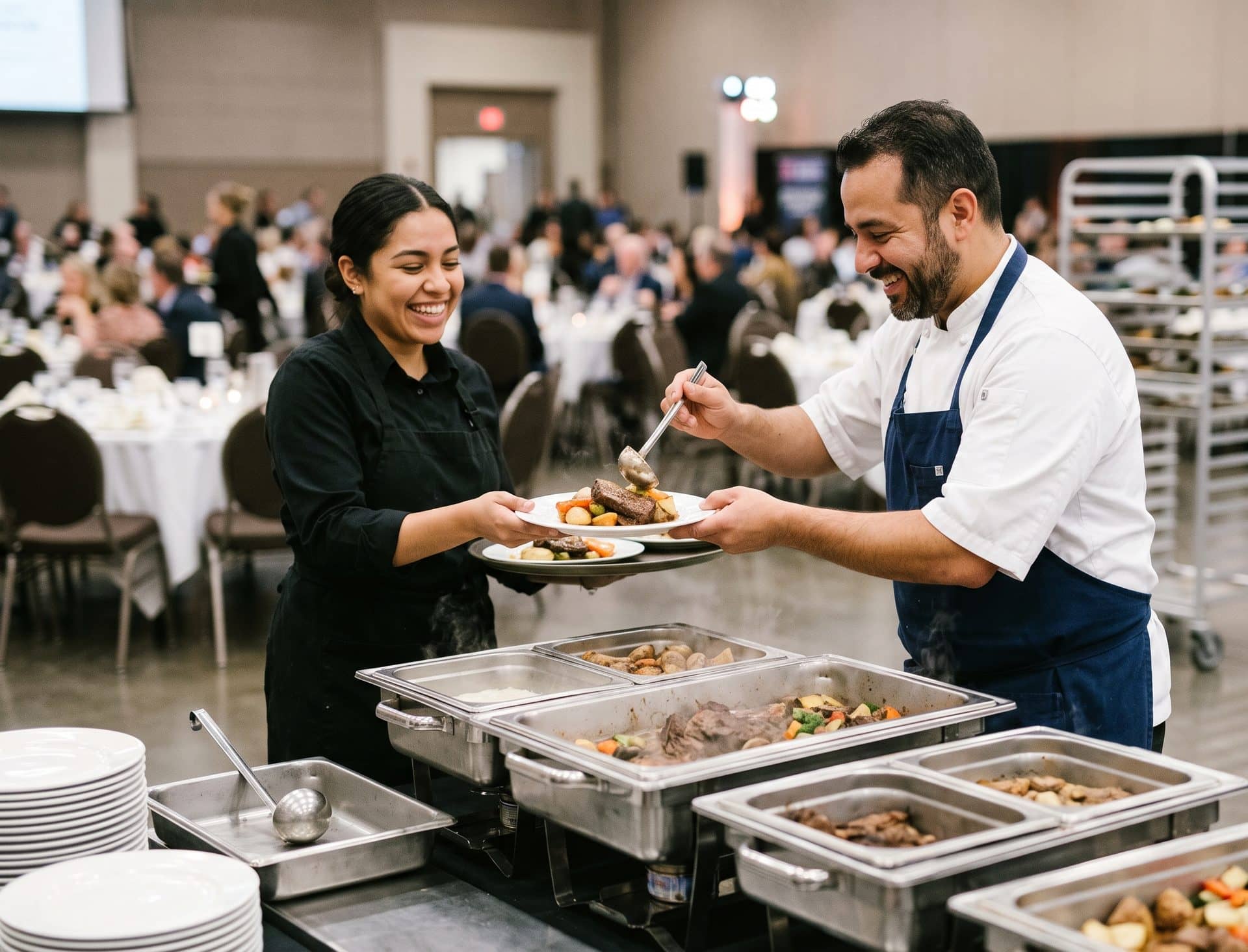 A chef handing a plated meal to a server on a banquet service line