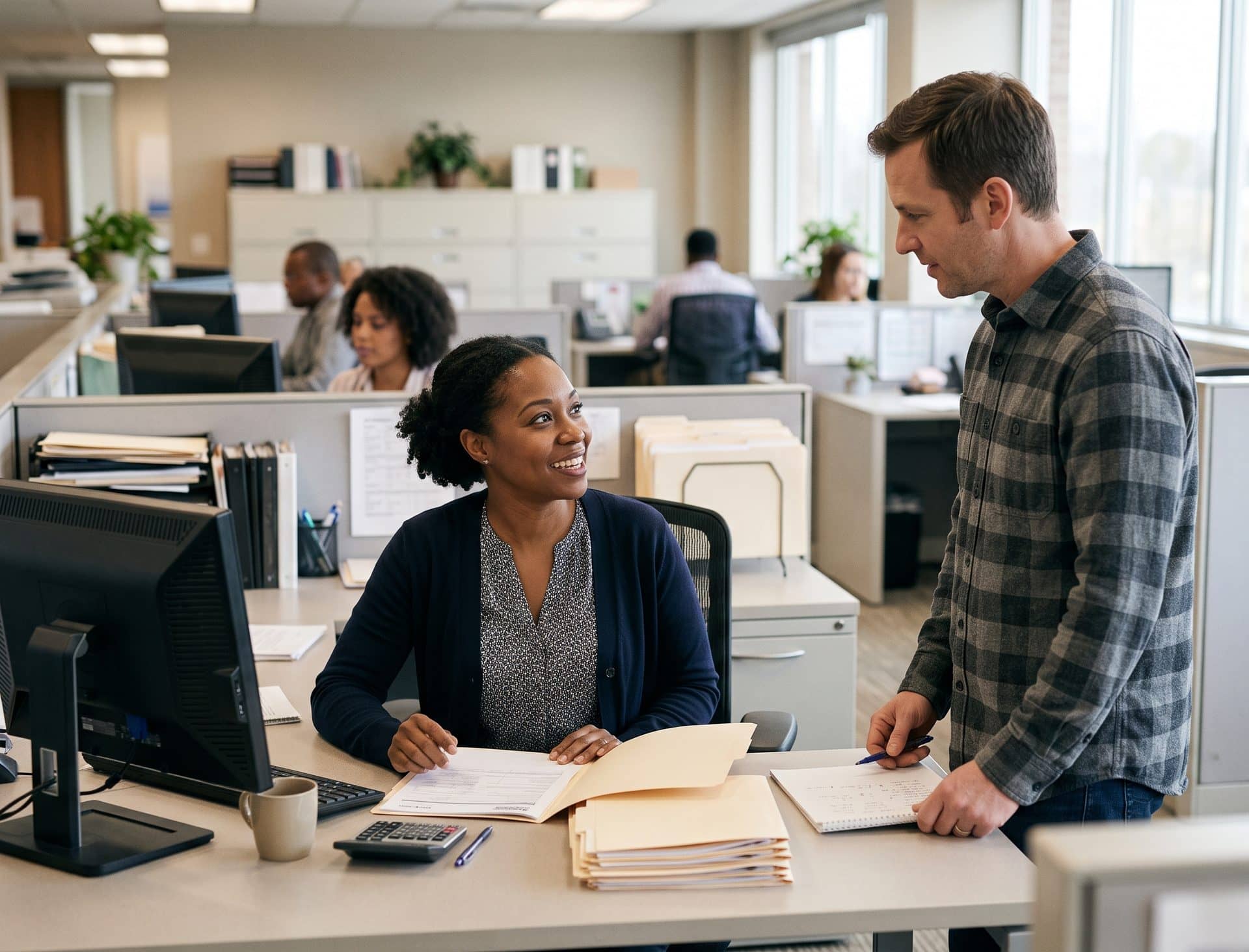 A claims examiner discussing an open claim file with a colleague