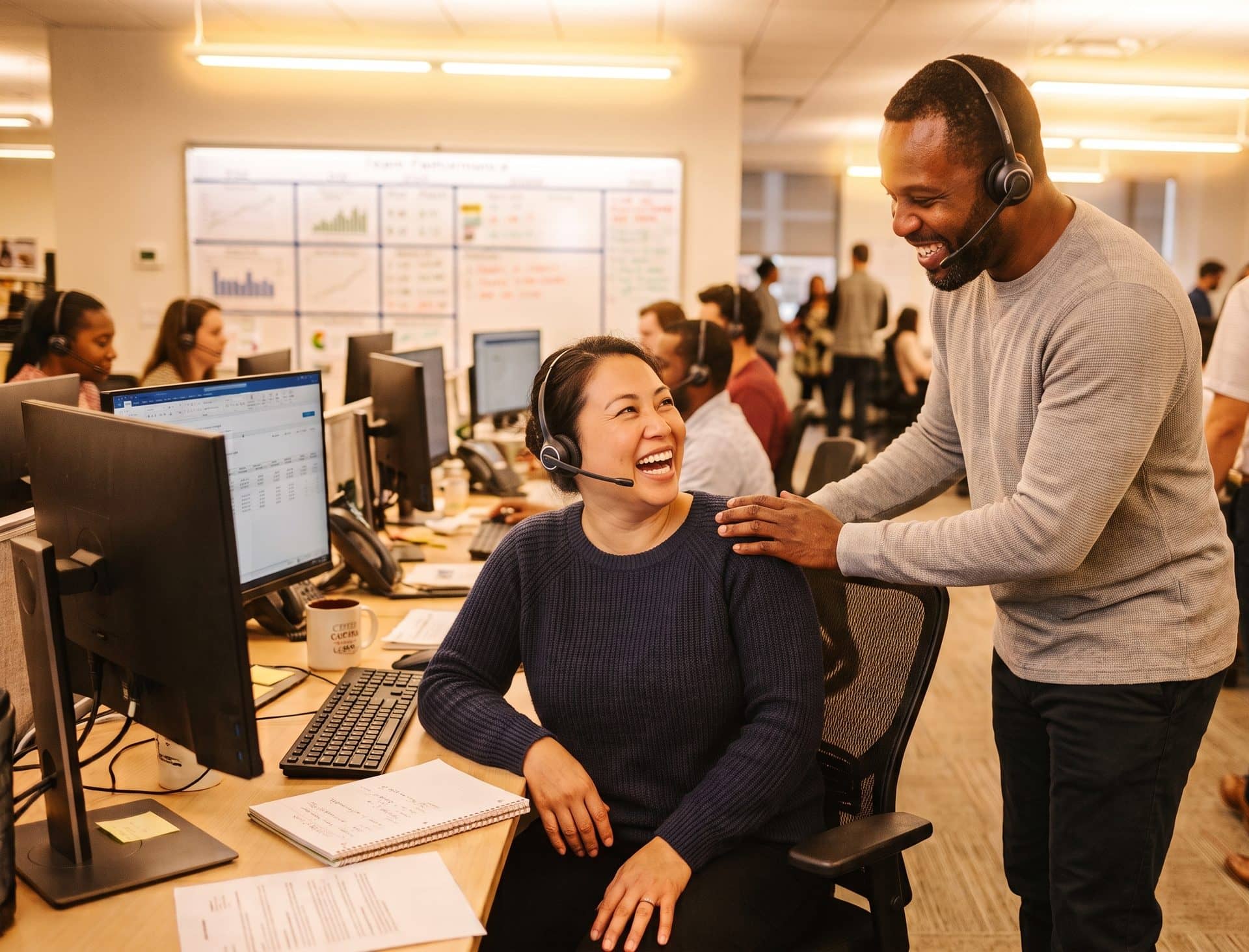 A collector being congratulated by a supervisor on a receivables floor