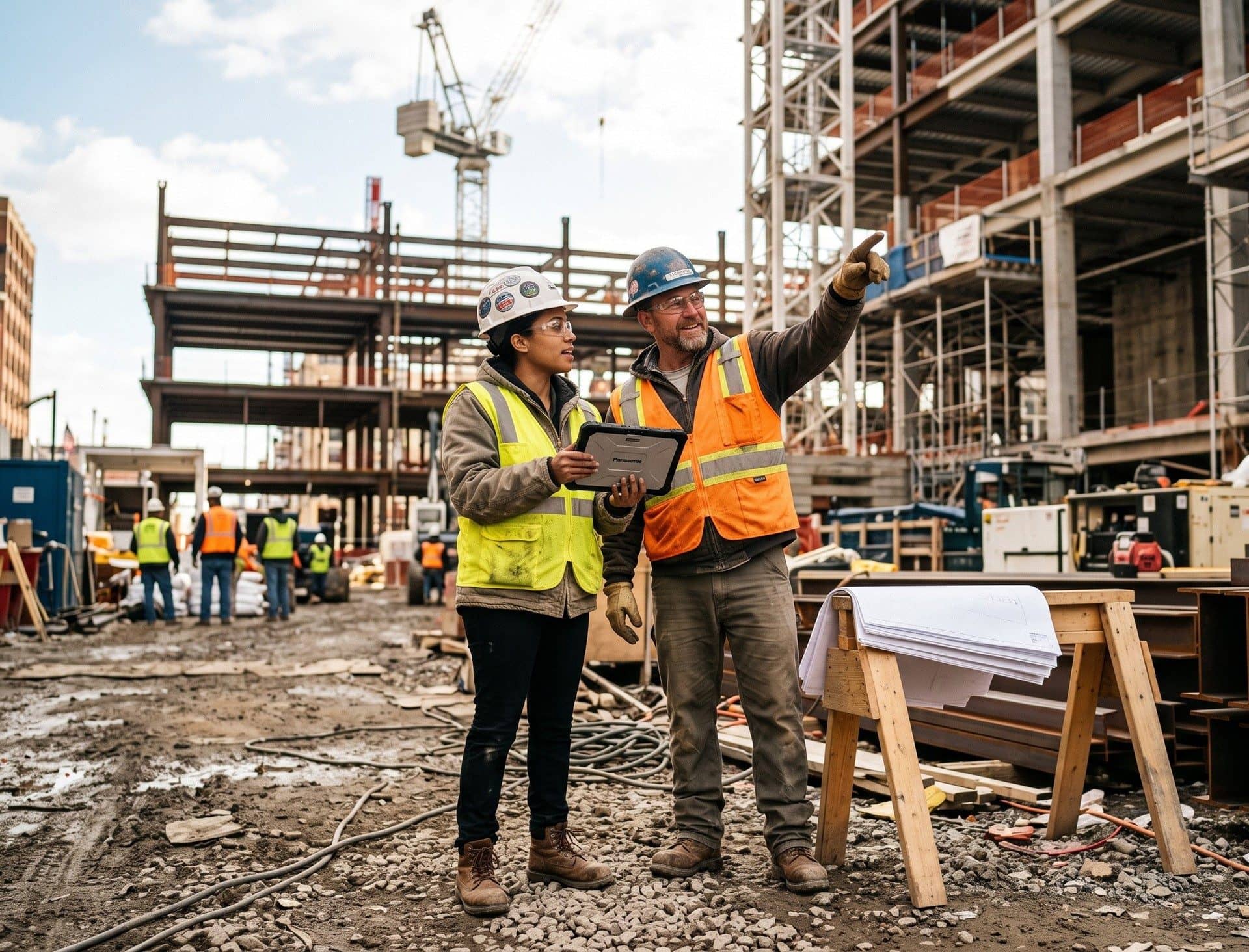 A site engineer and foreman reviewing progress on a construction site