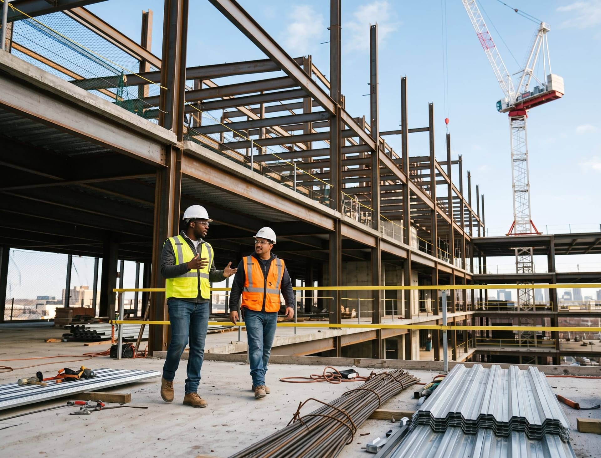 A site engineer and foreman reviewing progress on a construction site