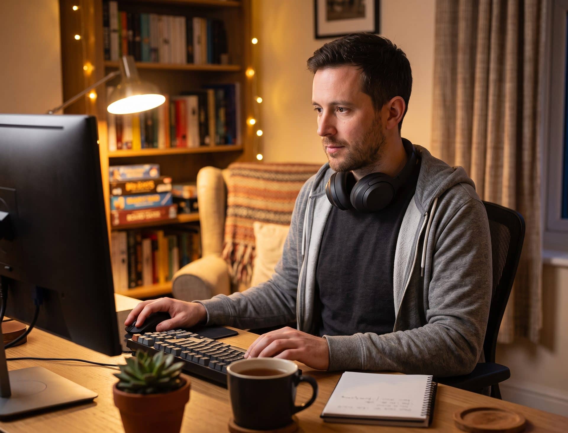 A community moderator working through a review queue at a home desk in the evening