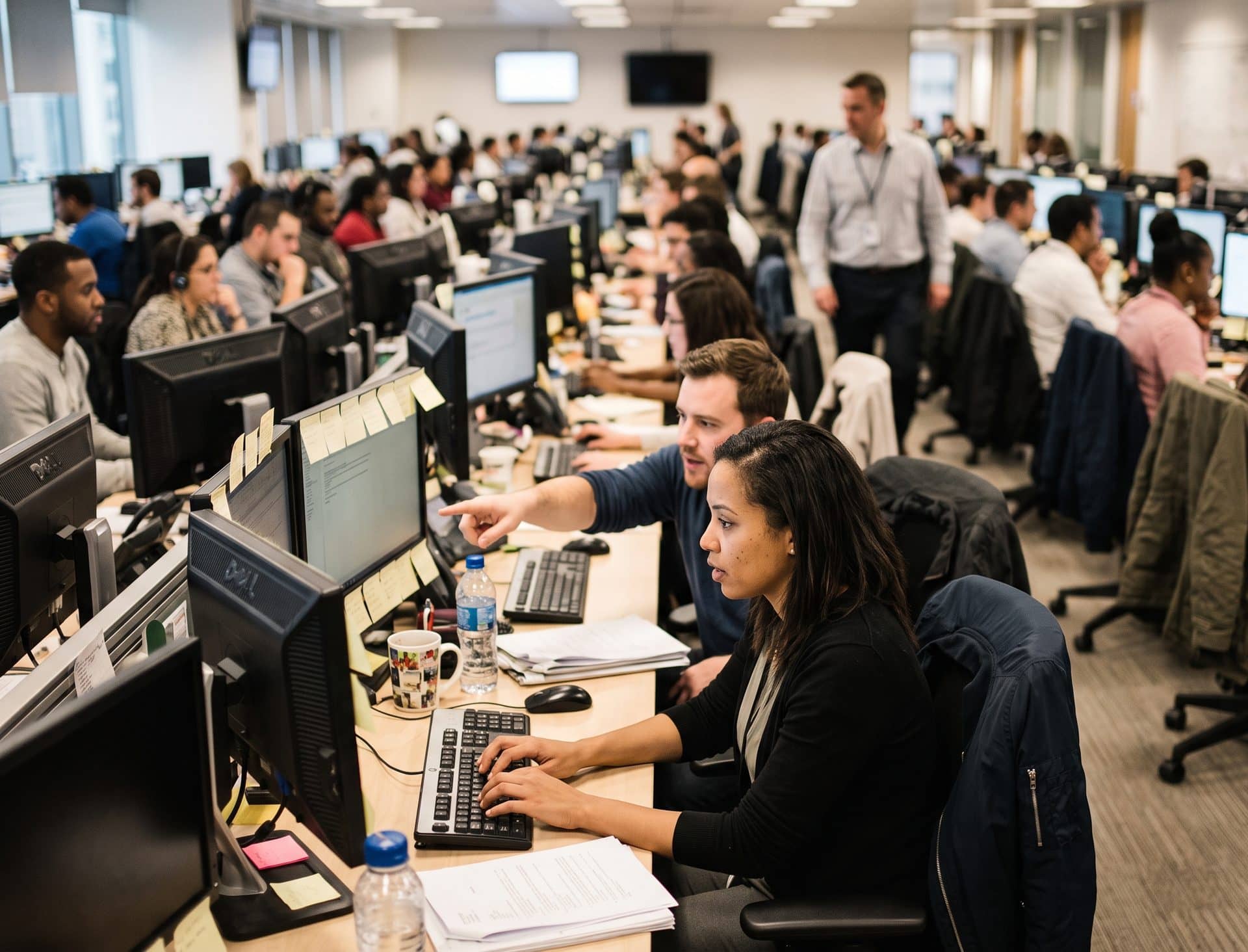A support rep working a ticket queue while a colleague points something out on her screen