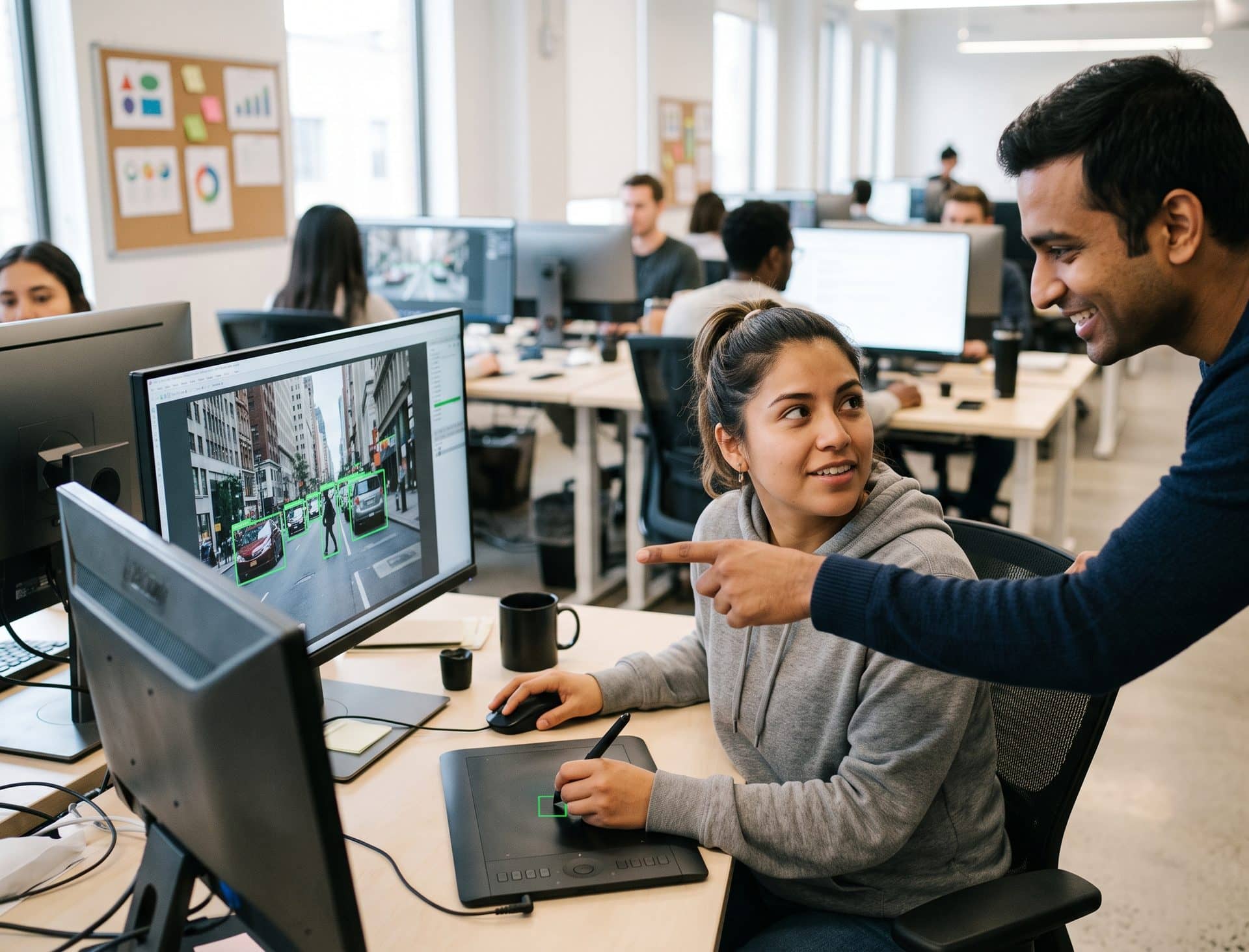 An annotator outlining objects on a large monitor while a reviewer points at the screen