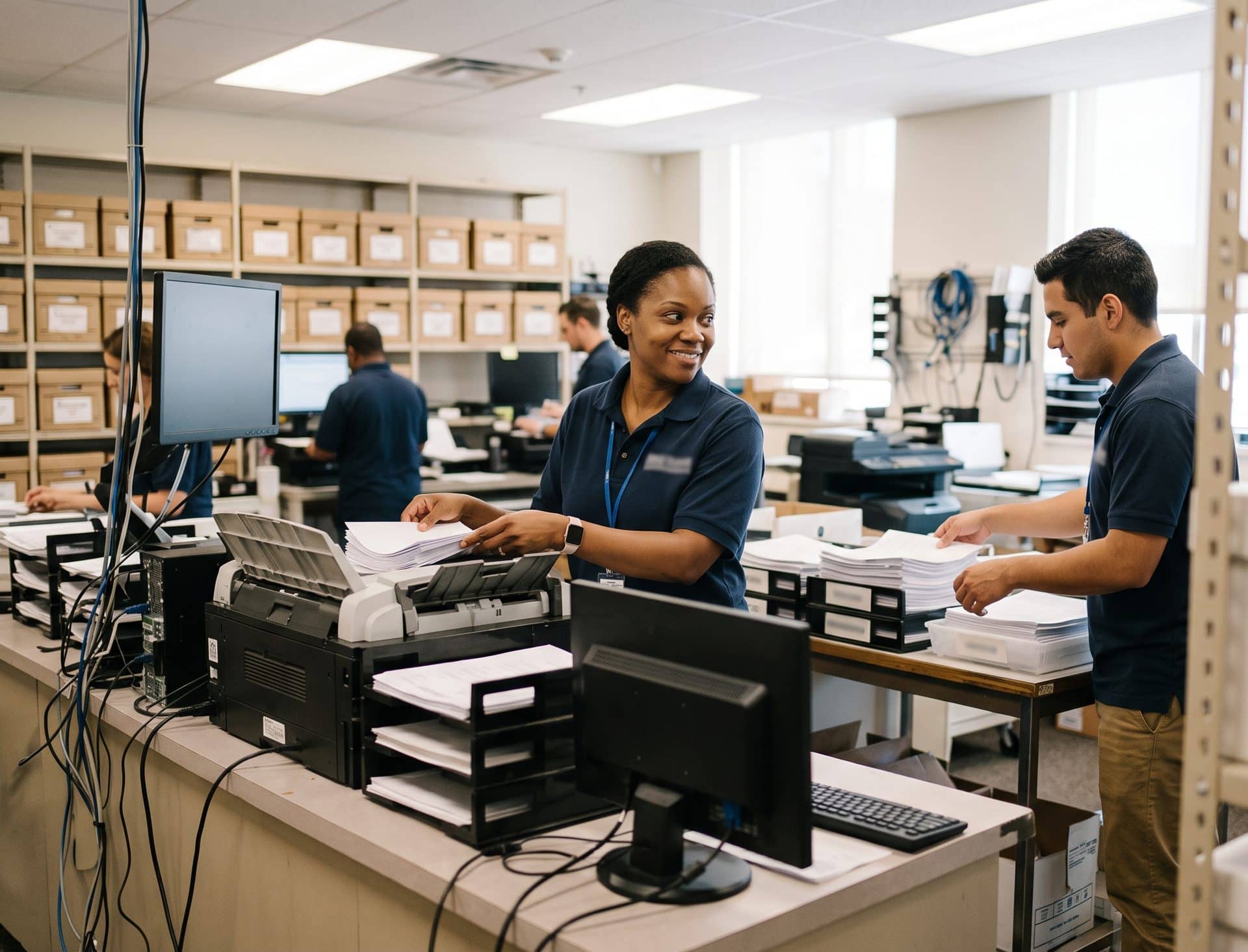 A processor feeding documents into a scanner while a colleague handles a paper stack