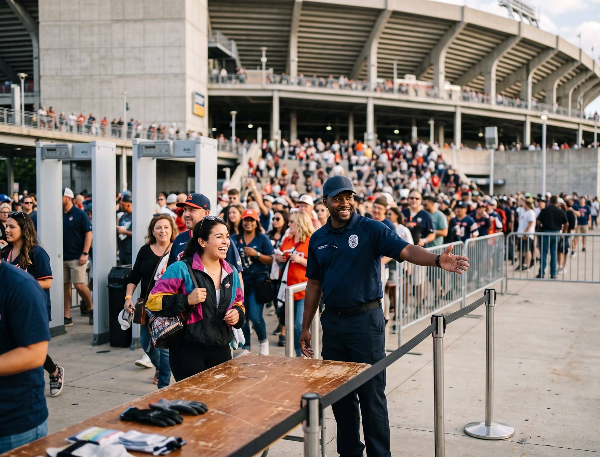 Event security staff checking bags at a stadium gate before doors open