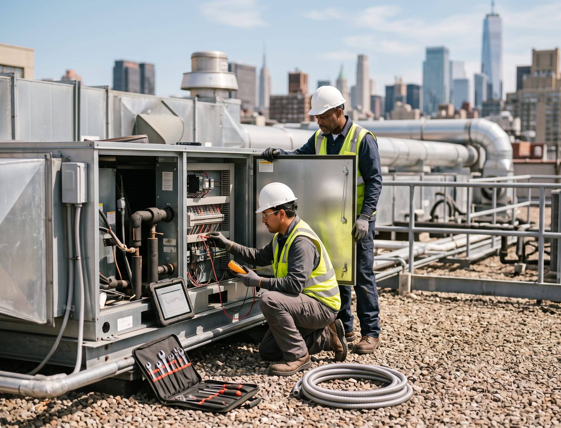 A facilities technician servicing a rooftop HVAC unit while checking a work order on a tablet