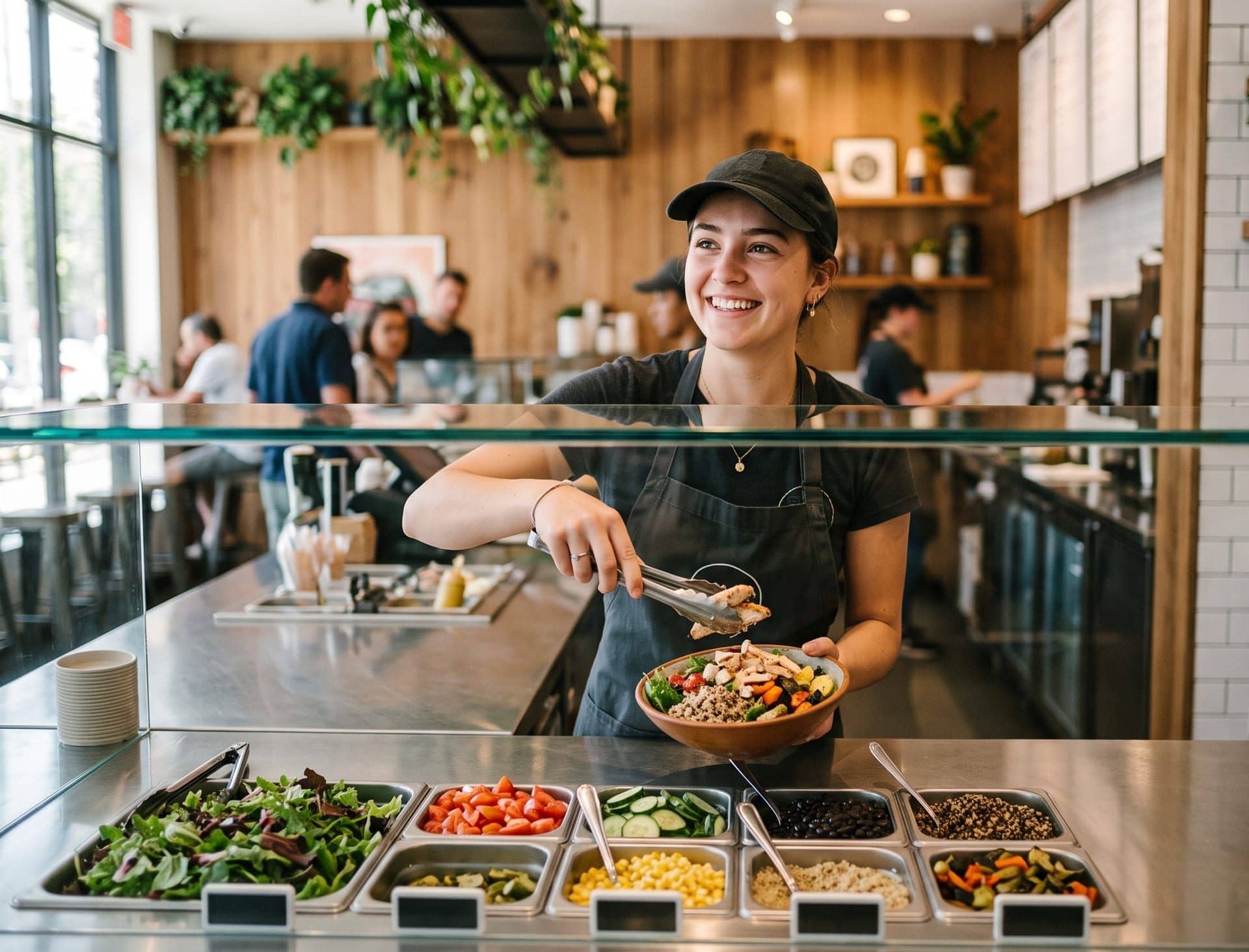 A fast-casual crew member assembling a fresh grain bowl behind the counter