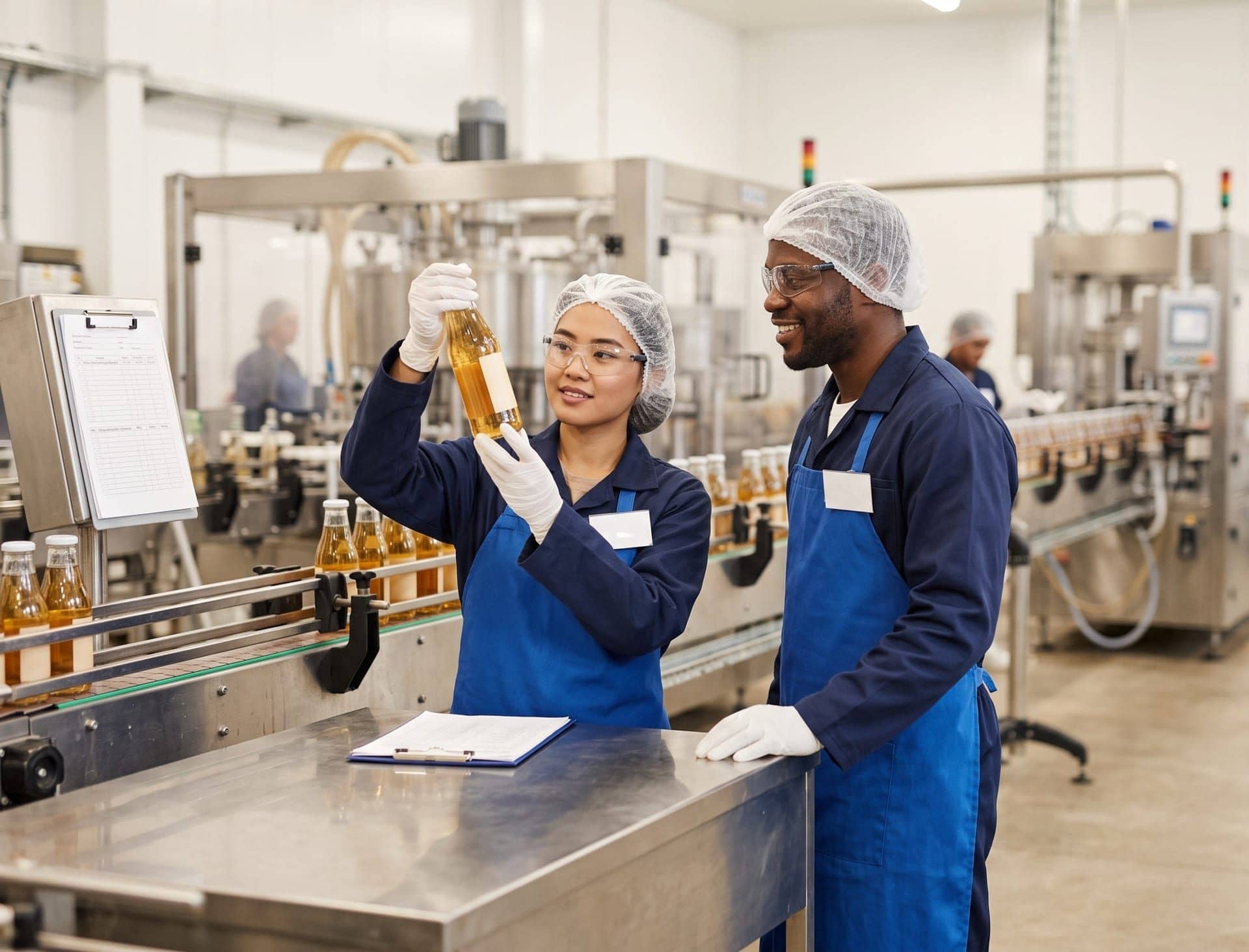 A food production worker inspecting a packaged product on the line