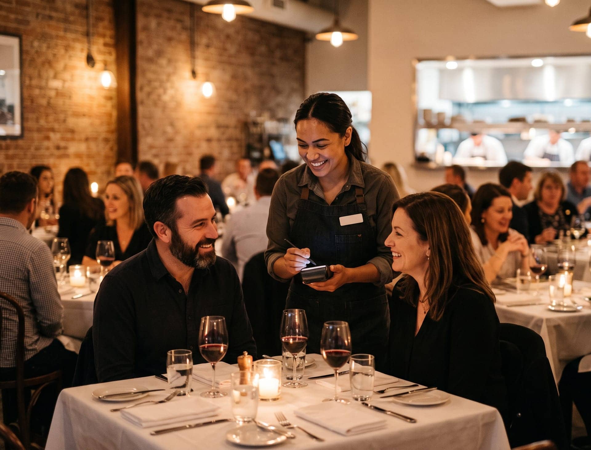 A server and a chef plating a dish together in a full-service dining room