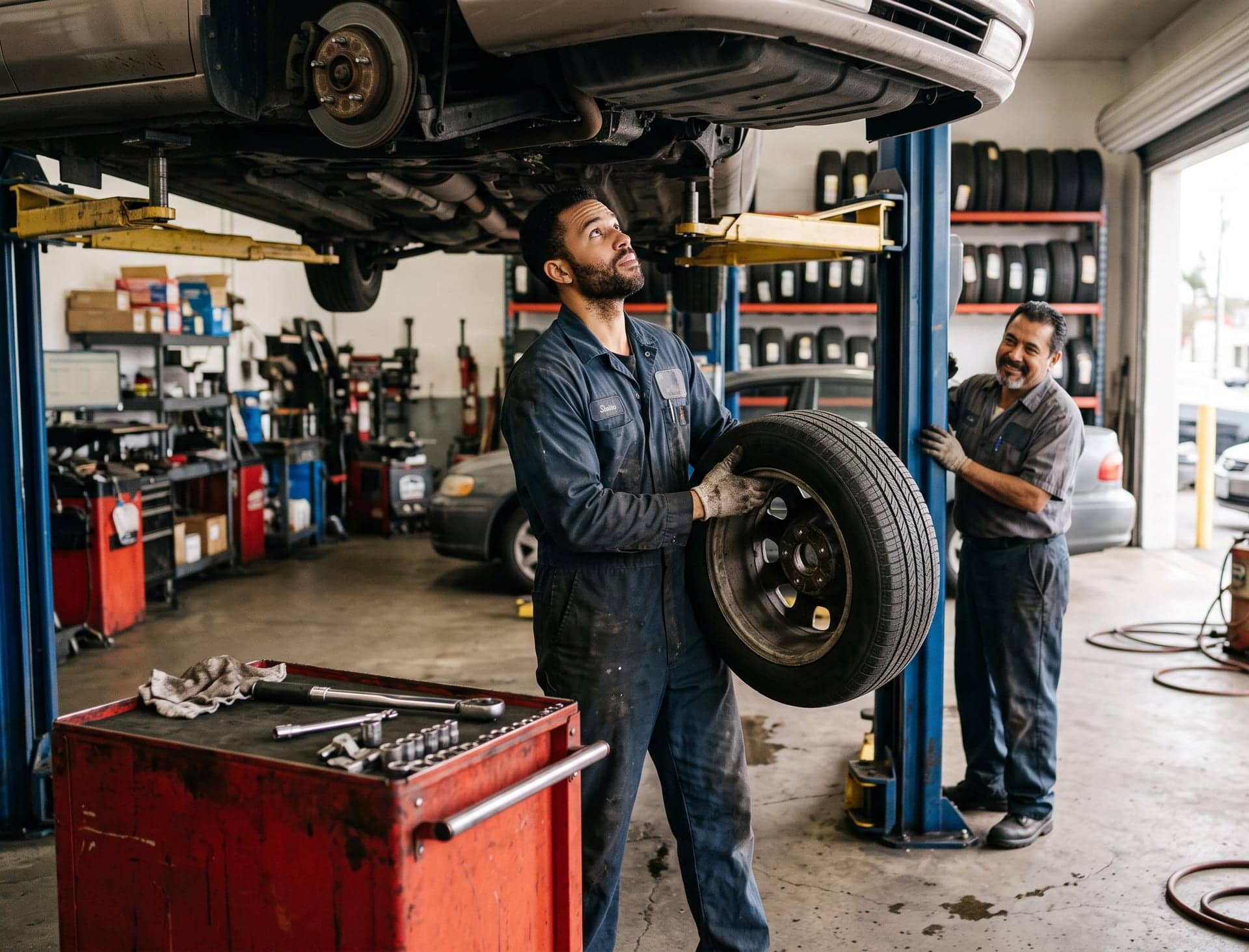 A technician inspecting a finished part in a service bay
