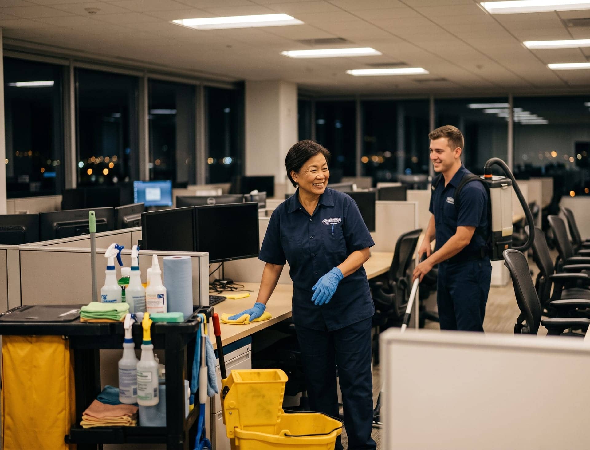 Two janitorial crew members cleaning an open-plan office cubicle floor at night, with a mop bucket and cleaning cart