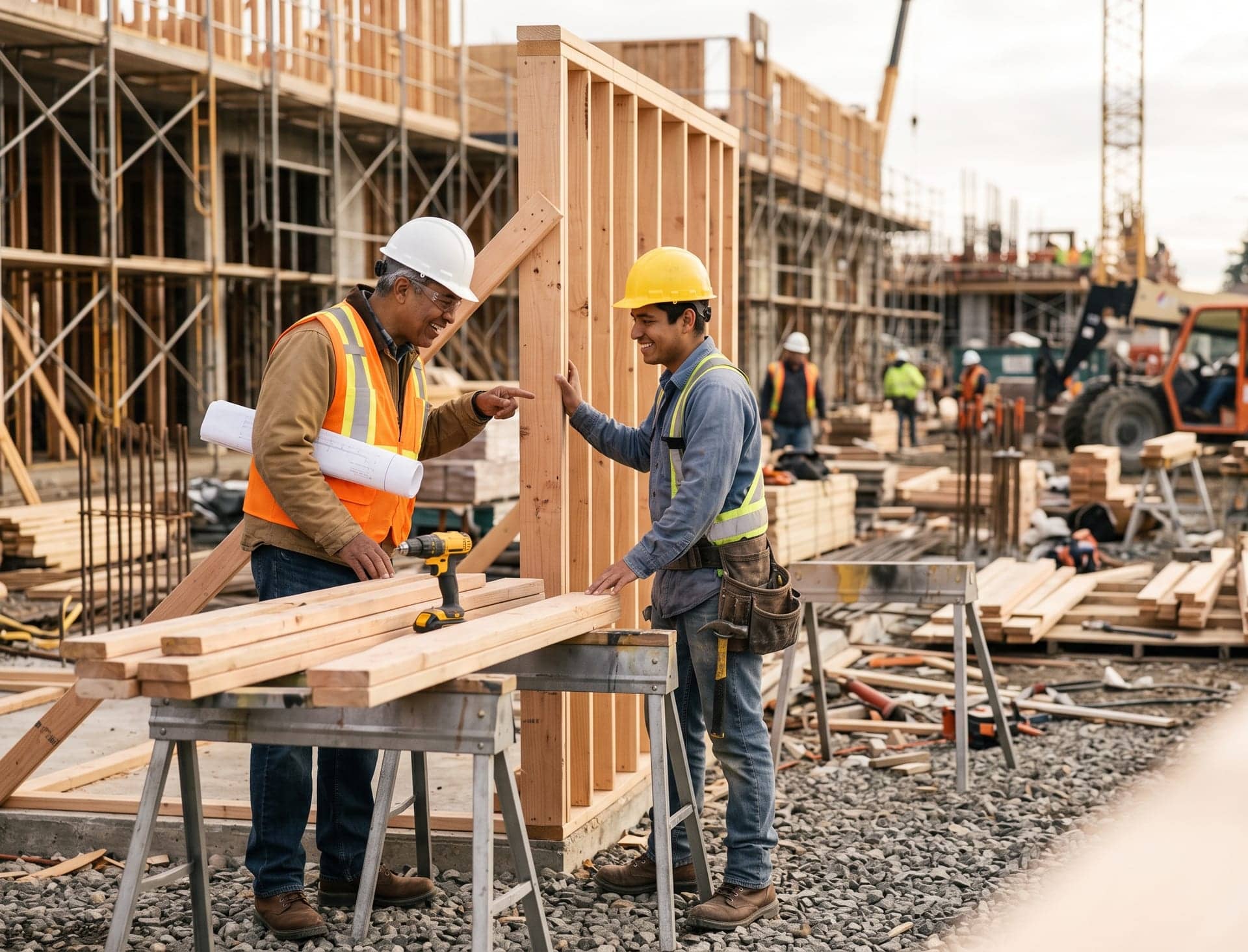 A site engineer and foreman reviewing progress on a construction site