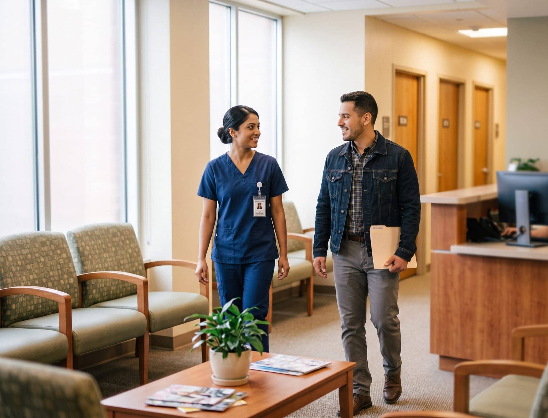 A nurse reassuring an older patient in a hospital ward