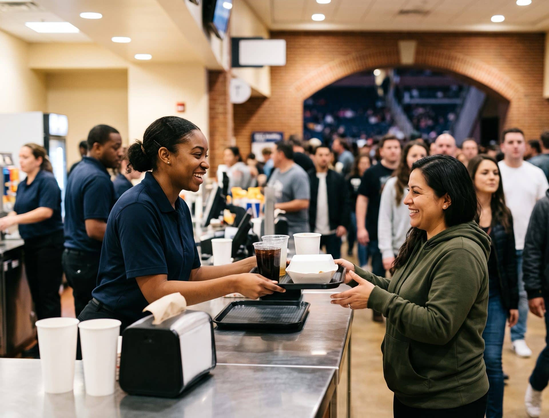 A barista handing a coffee to a customer across the cafe counter