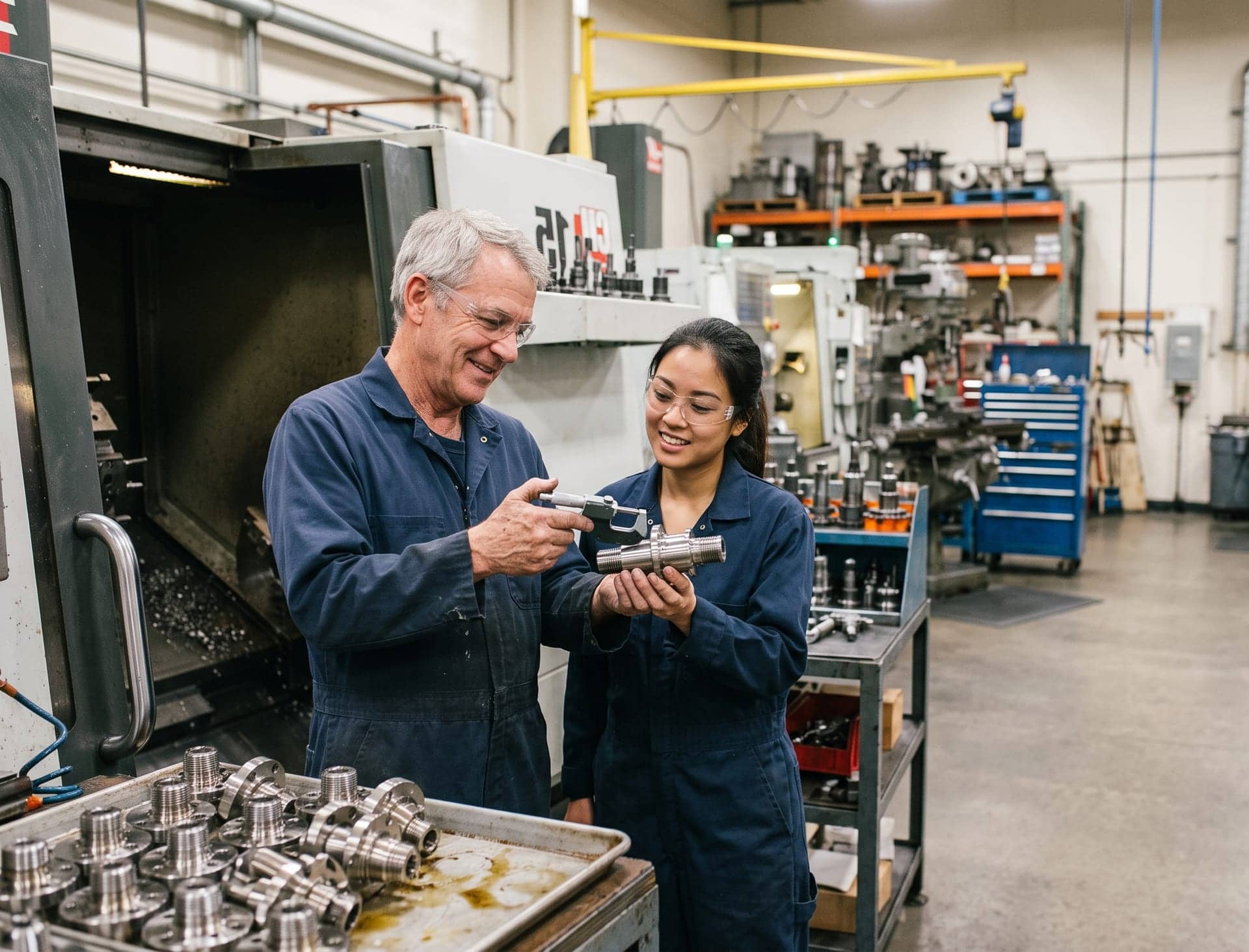 Two manufacturing operators inspecting a finished machined part on the production floor