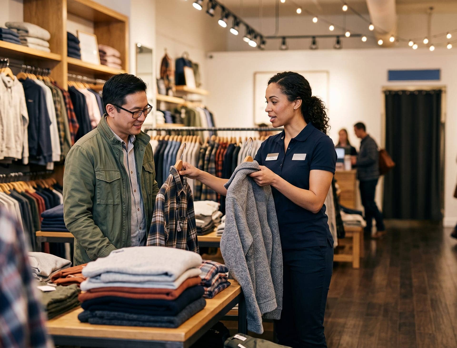A retail associate handing a shopping bag to a smiling customer