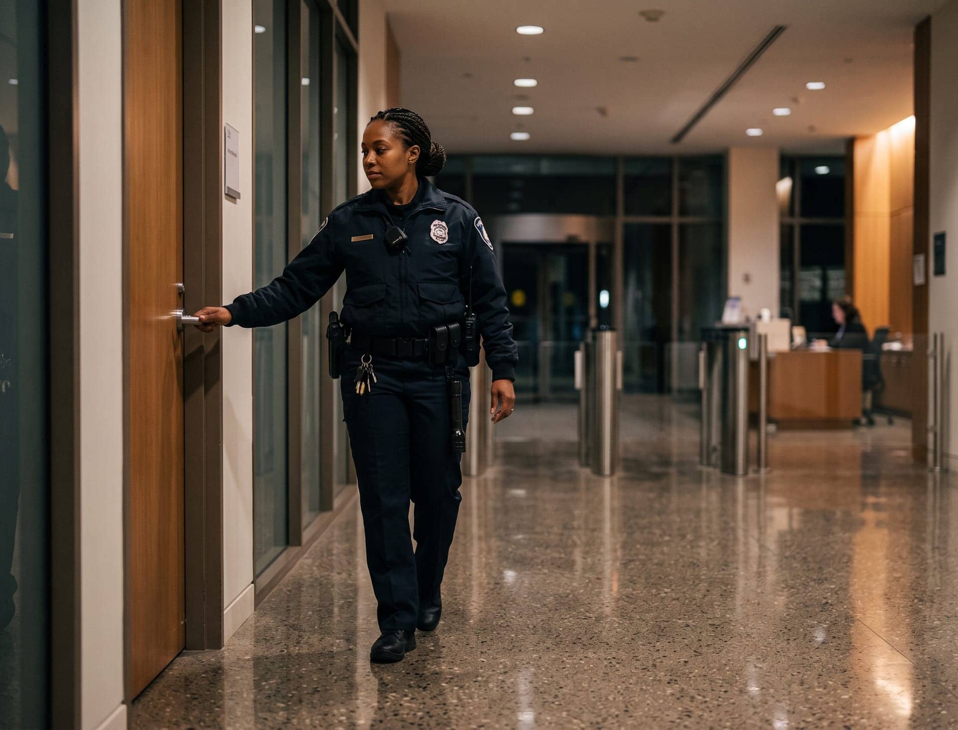 A uniformed security officer greeting a visitor at a building lobby security desk