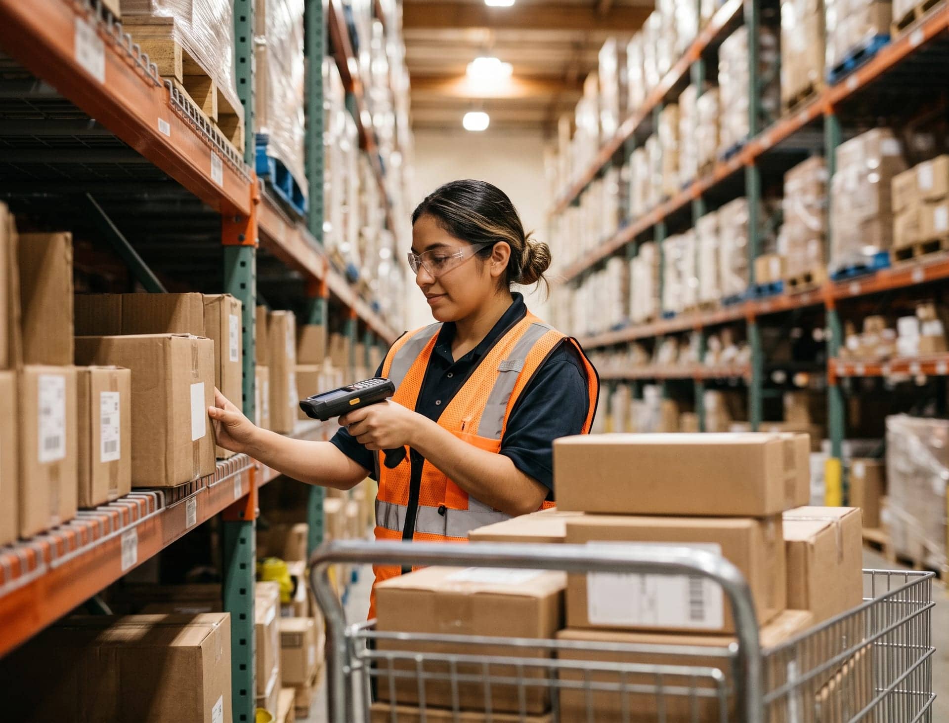 A warehouse associate scanning a package beside tall storage racks