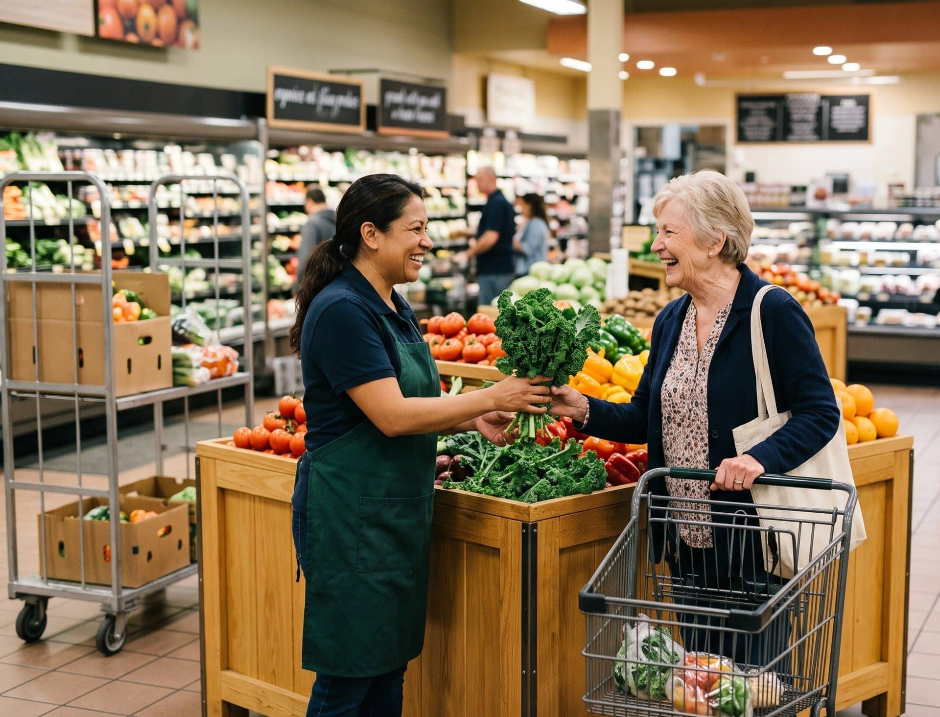 A grocery clerk helping a shopper in the produce department