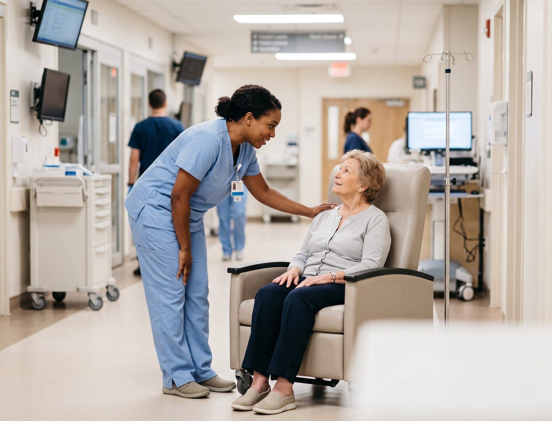 A nurse reassuring an older patient in a hospital ward