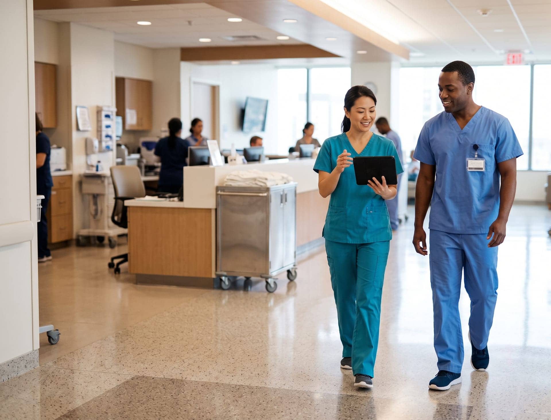 A nurse reassuring an older patient in a hospital ward