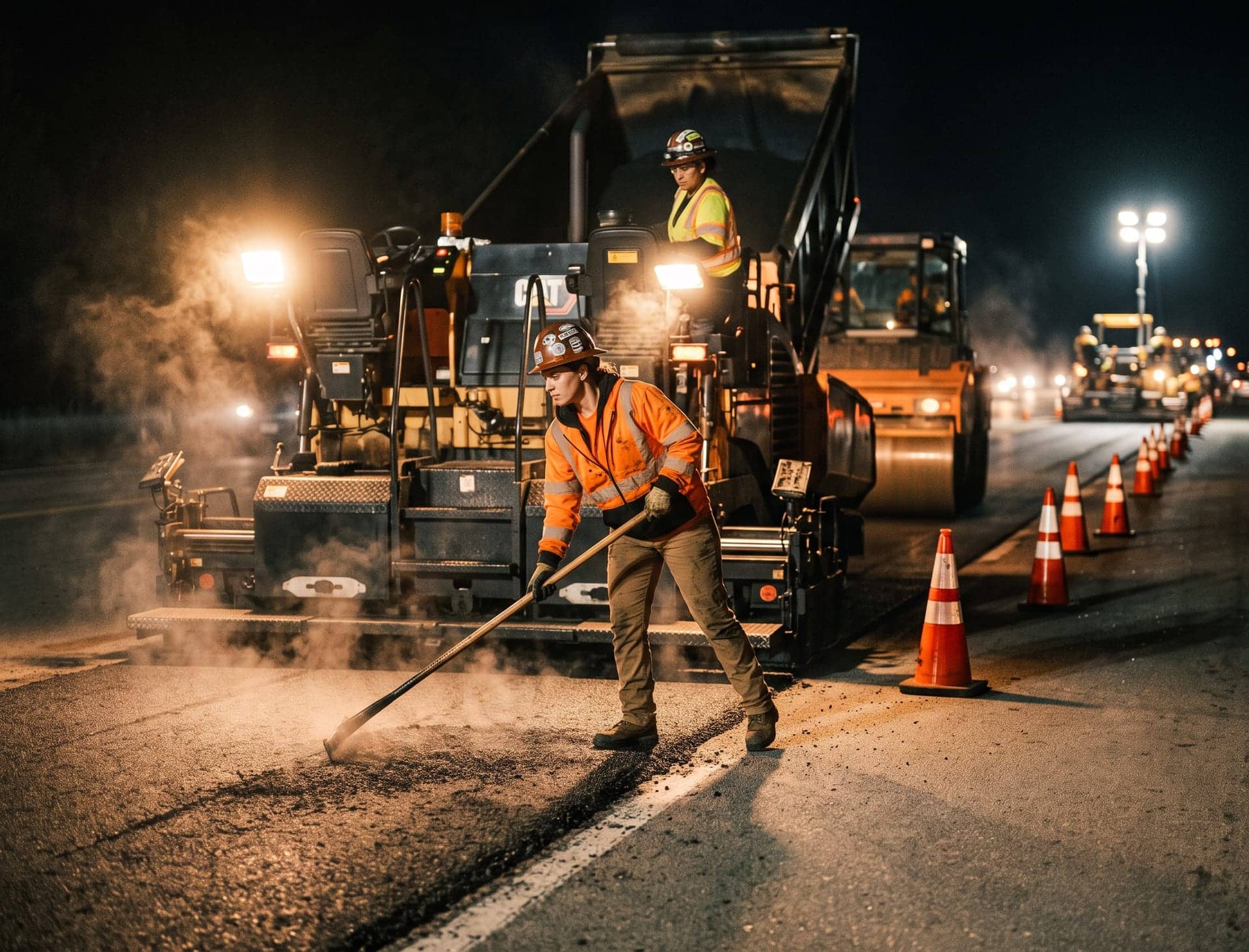 A paving crew working a highway lane closure under lights at night