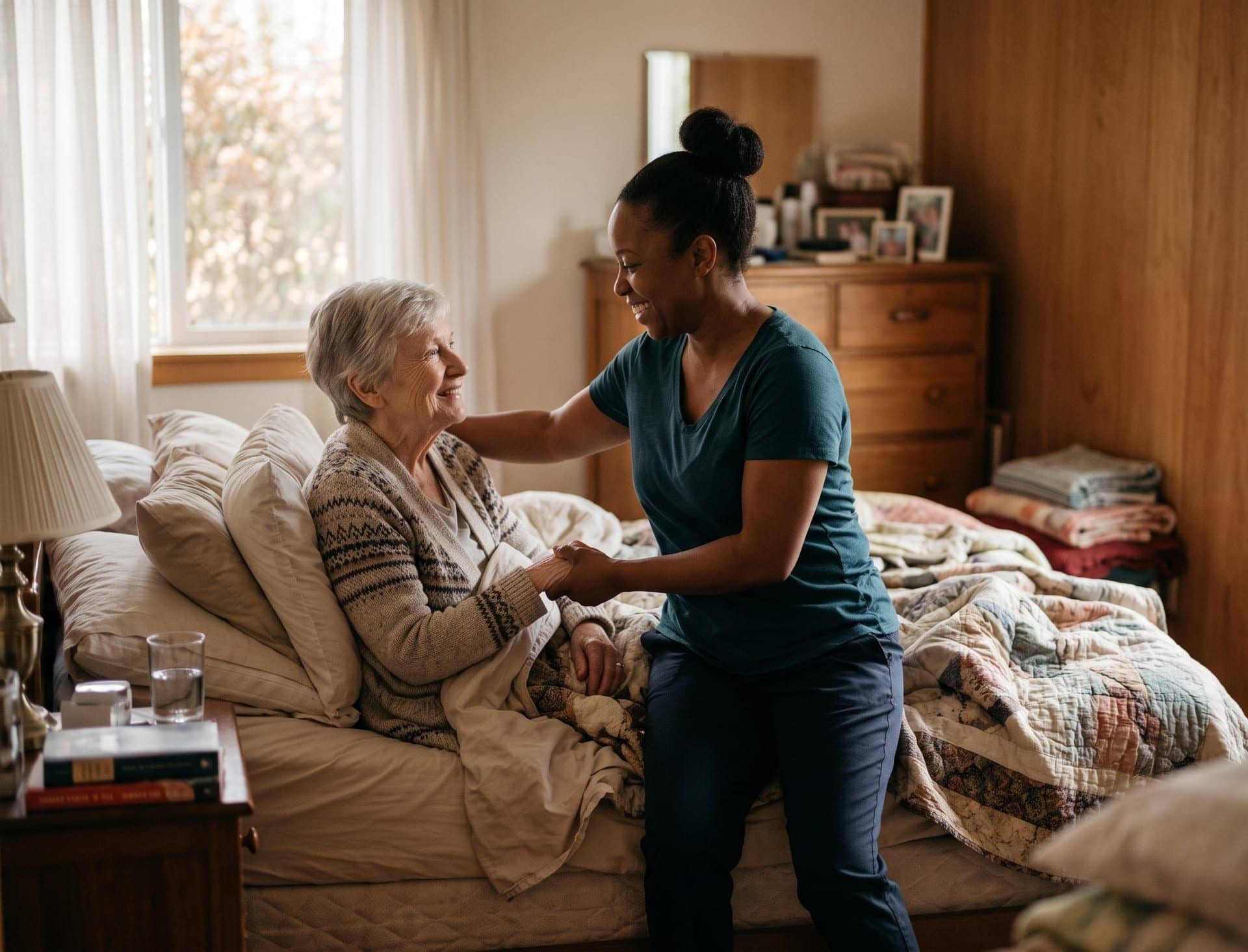 A caregiver supporting an older adult at home