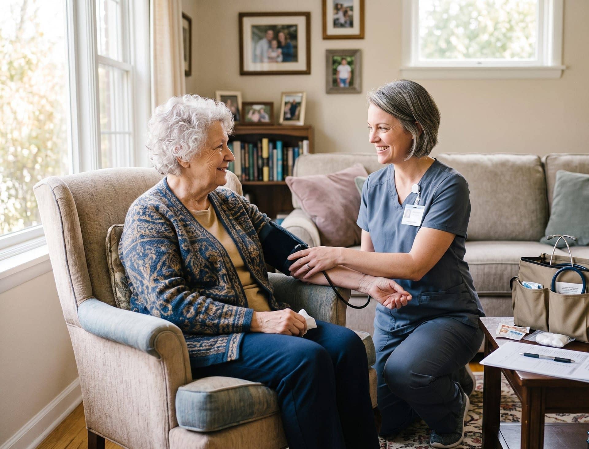 A home health nurse caring for a patient at home