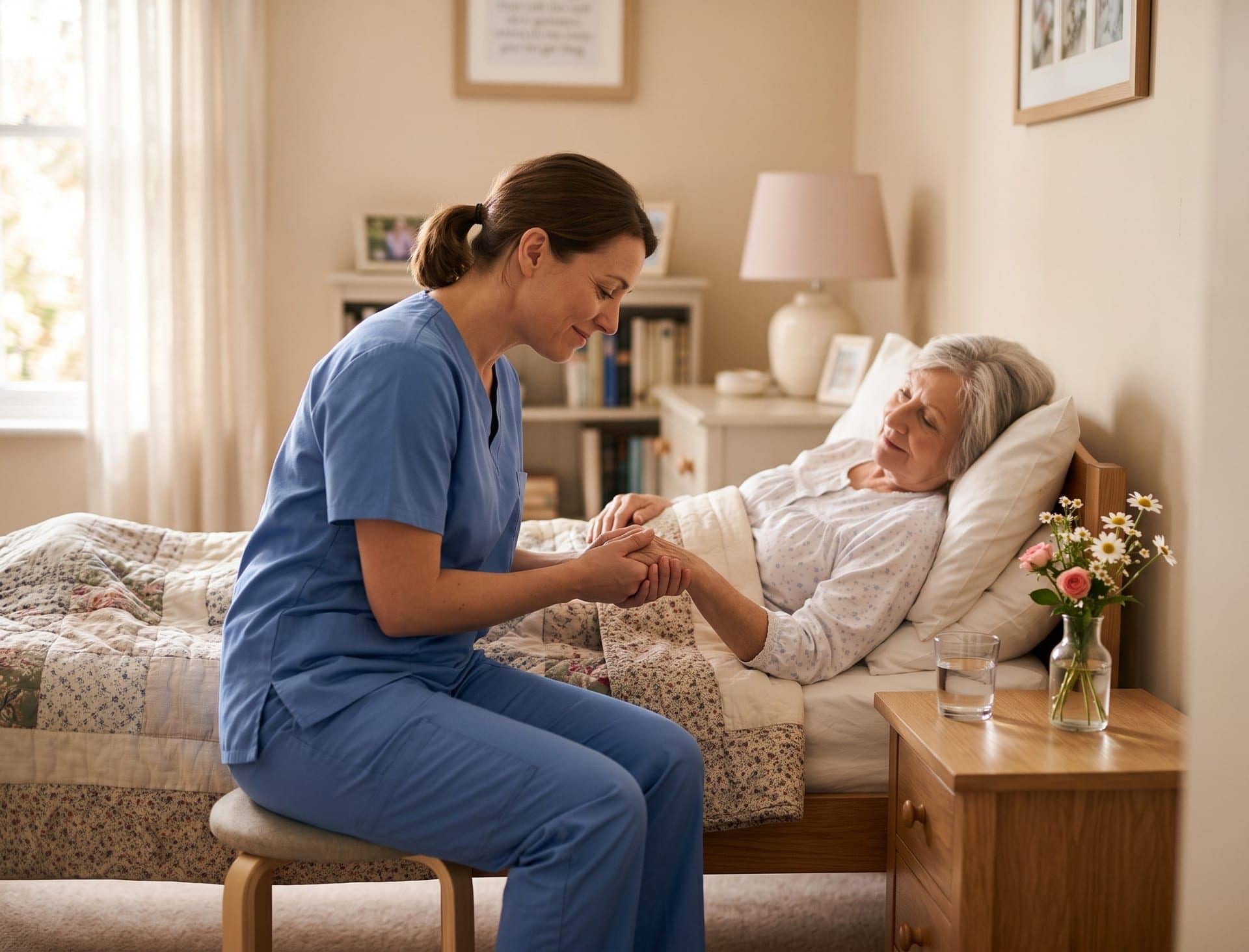 A hospice nurse comforting a patient