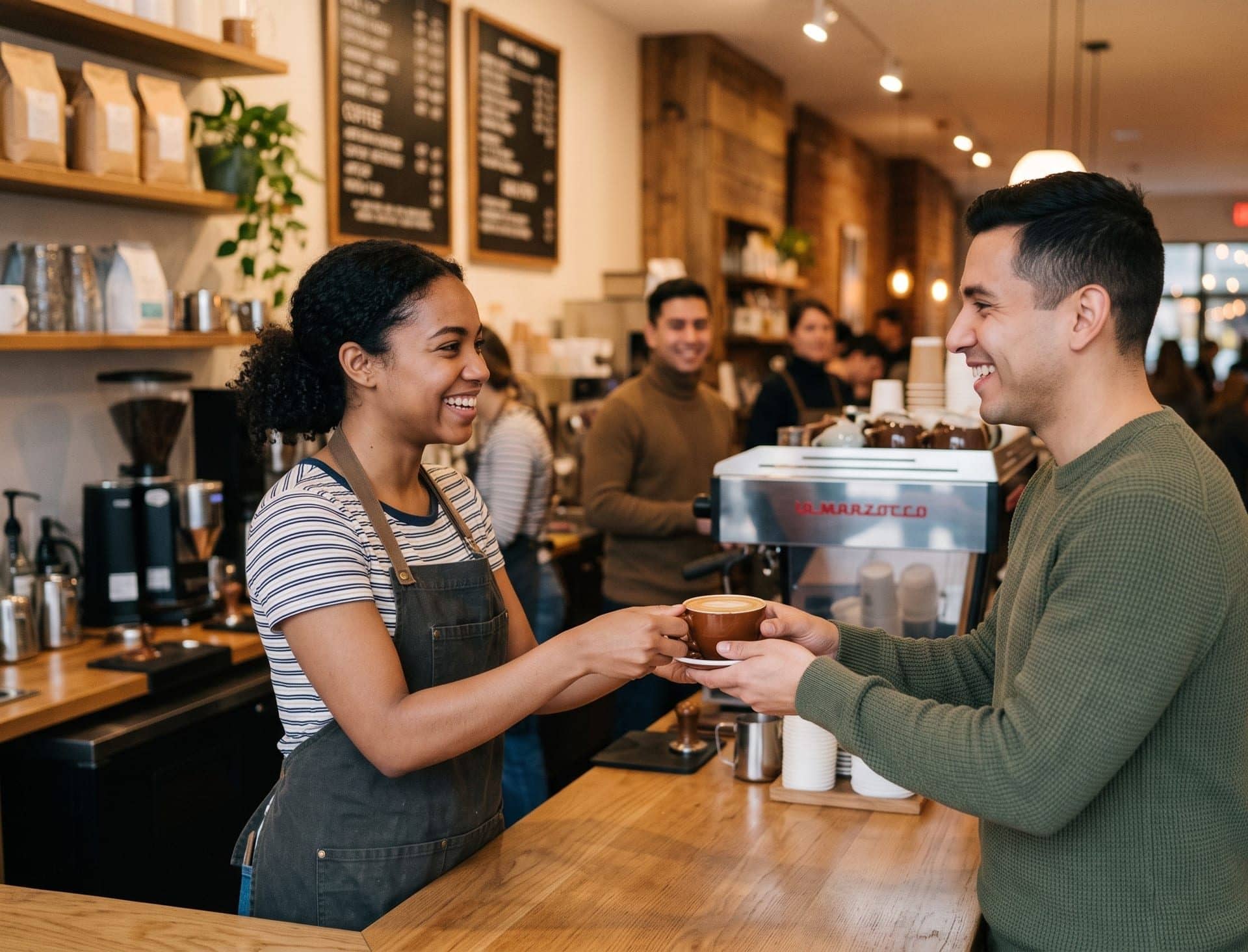 A barista handing a coffee to a customer across the cafe counter
