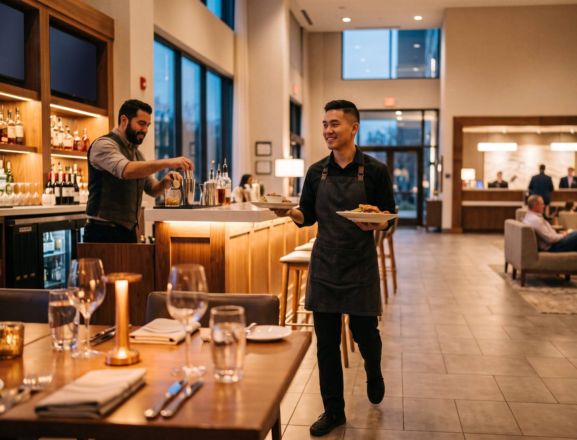 A barista handing a coffee to a customer across the cafe counter