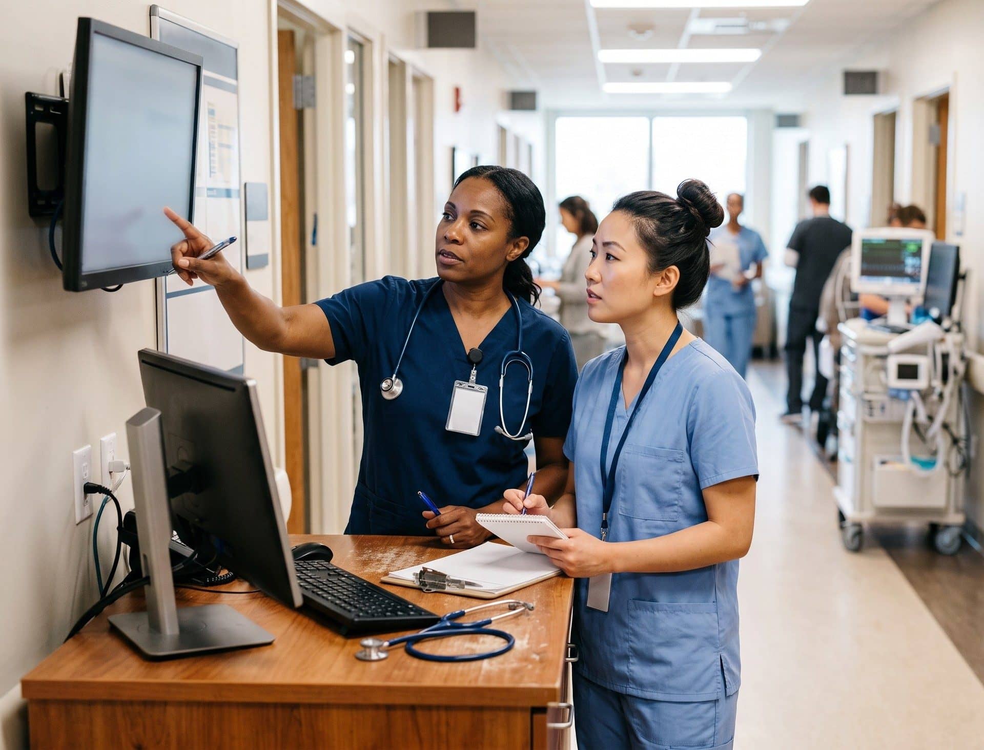Two nurses reviewing the unit board at a hospital nurses' station