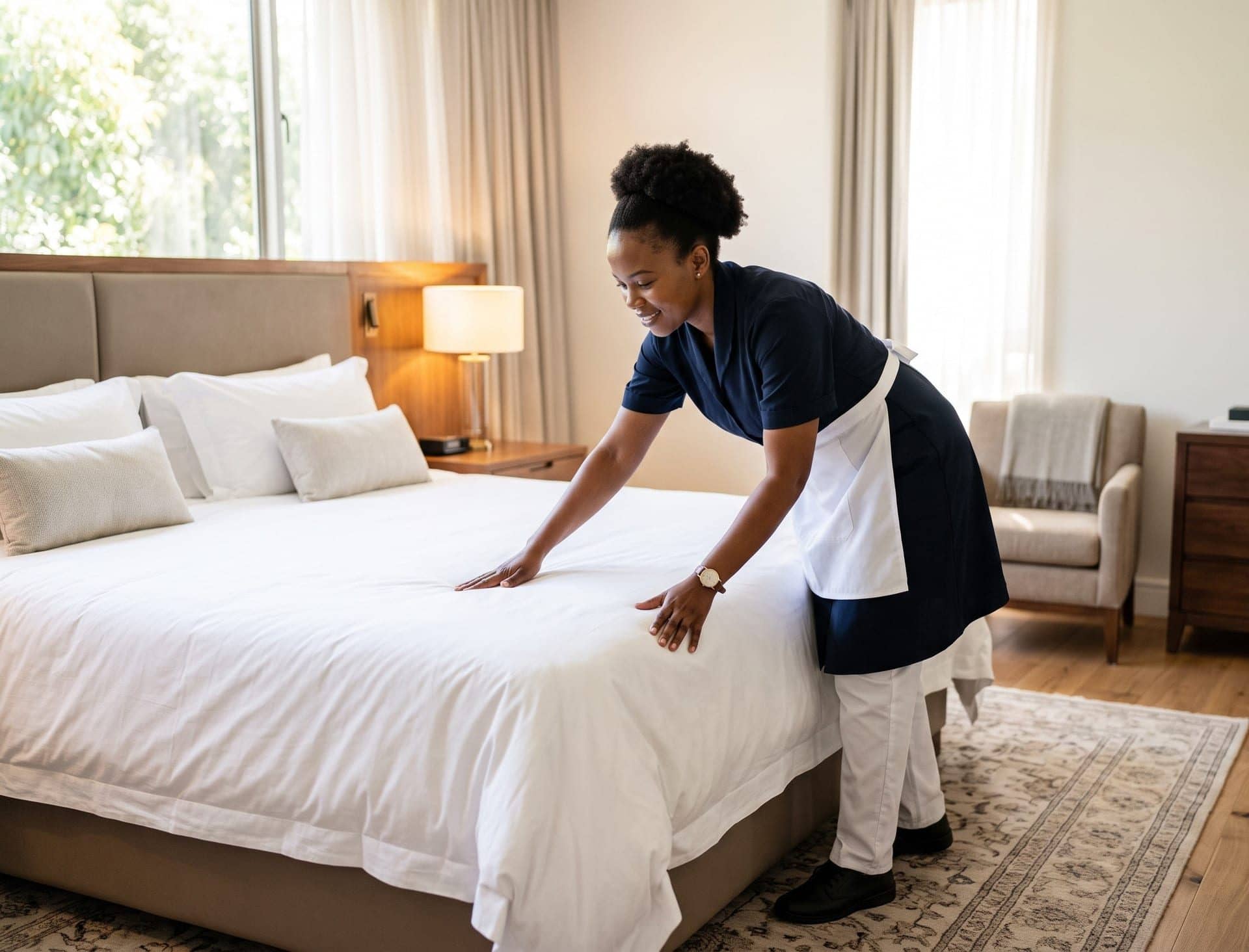 A hotel housekeeper finishing a freshly made bed in a guest room