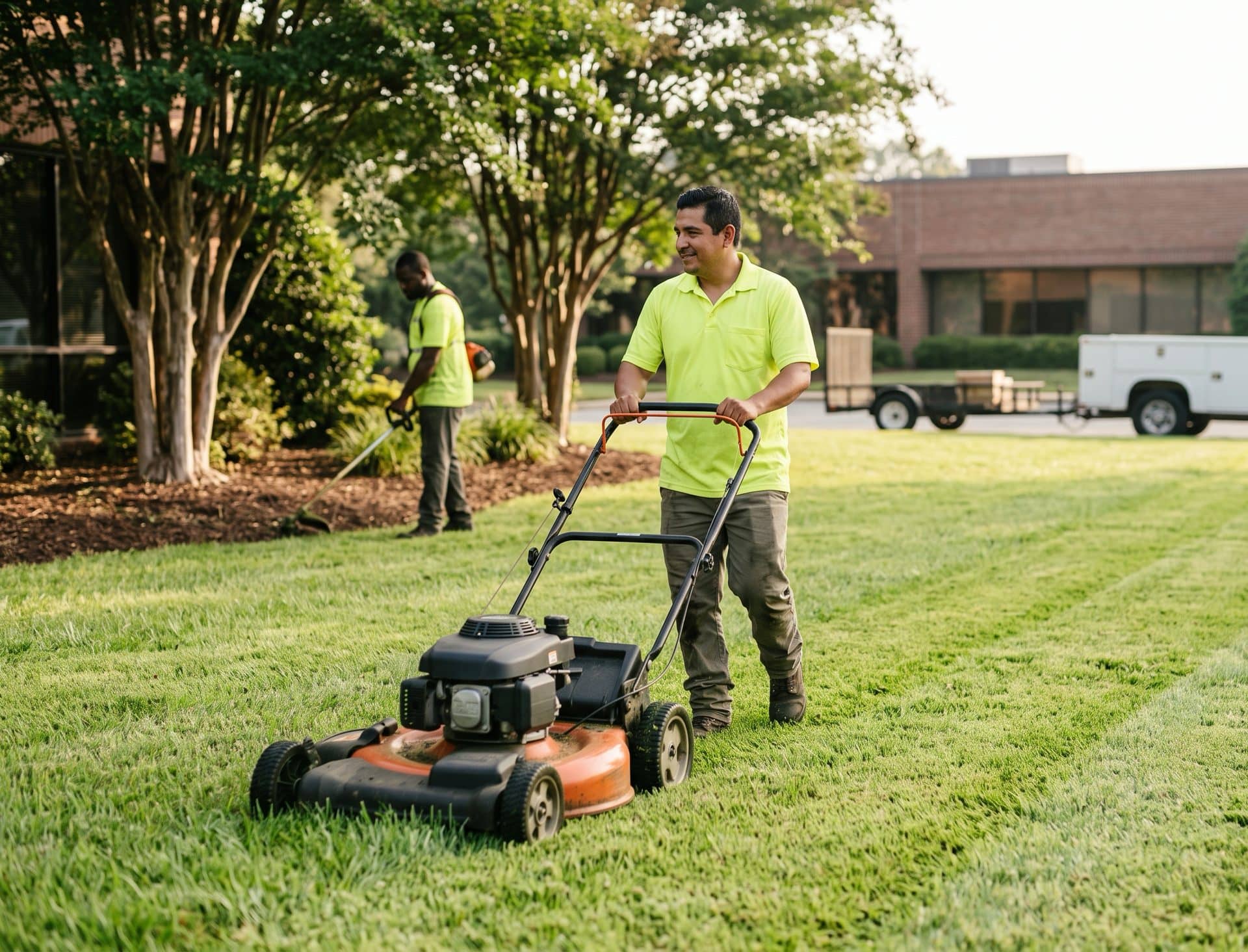 A grounds crew member mowing a commercial property lawn beside a loaded landscaping trailer