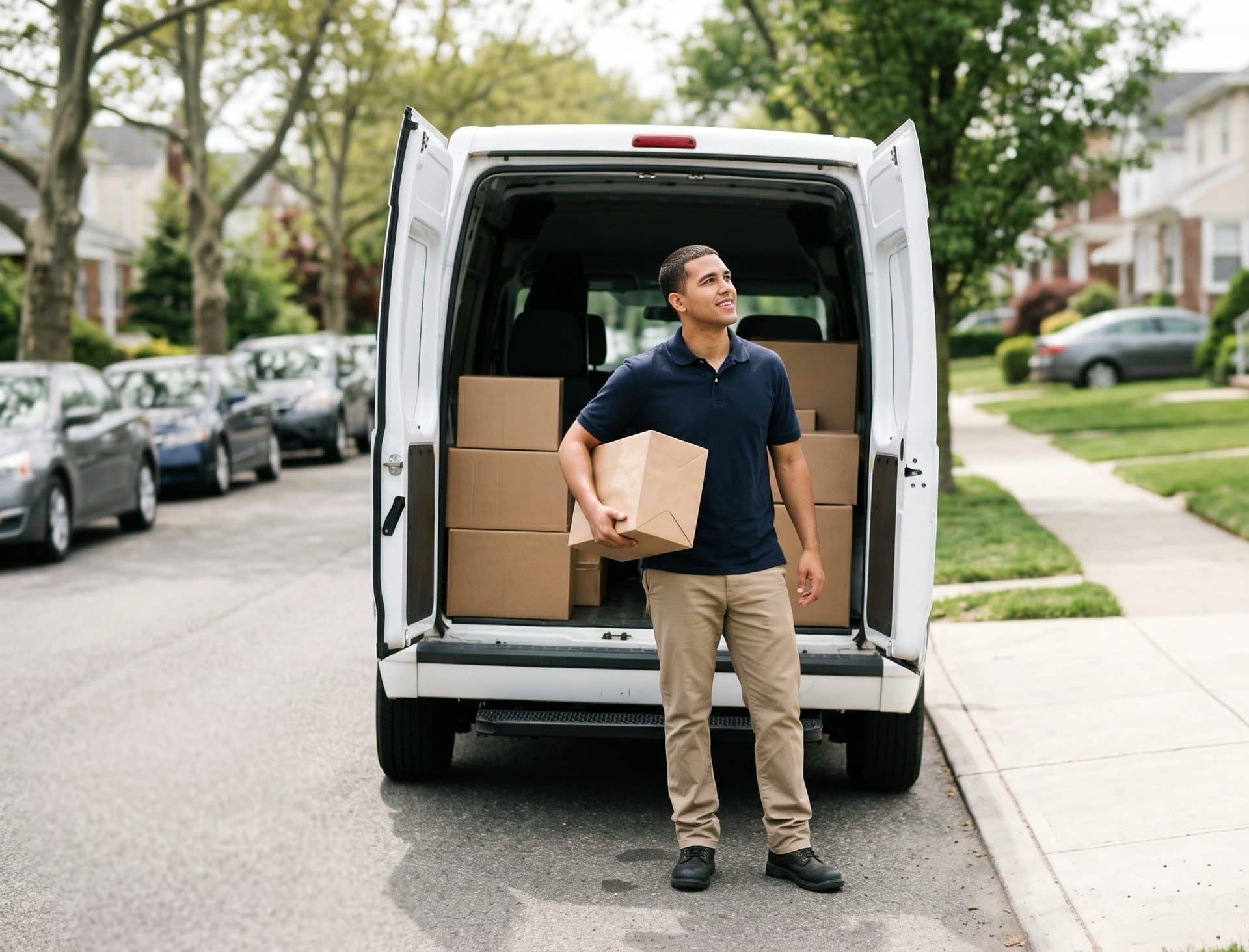 A delivery driver carrying a package from a parked delivery van to a front door